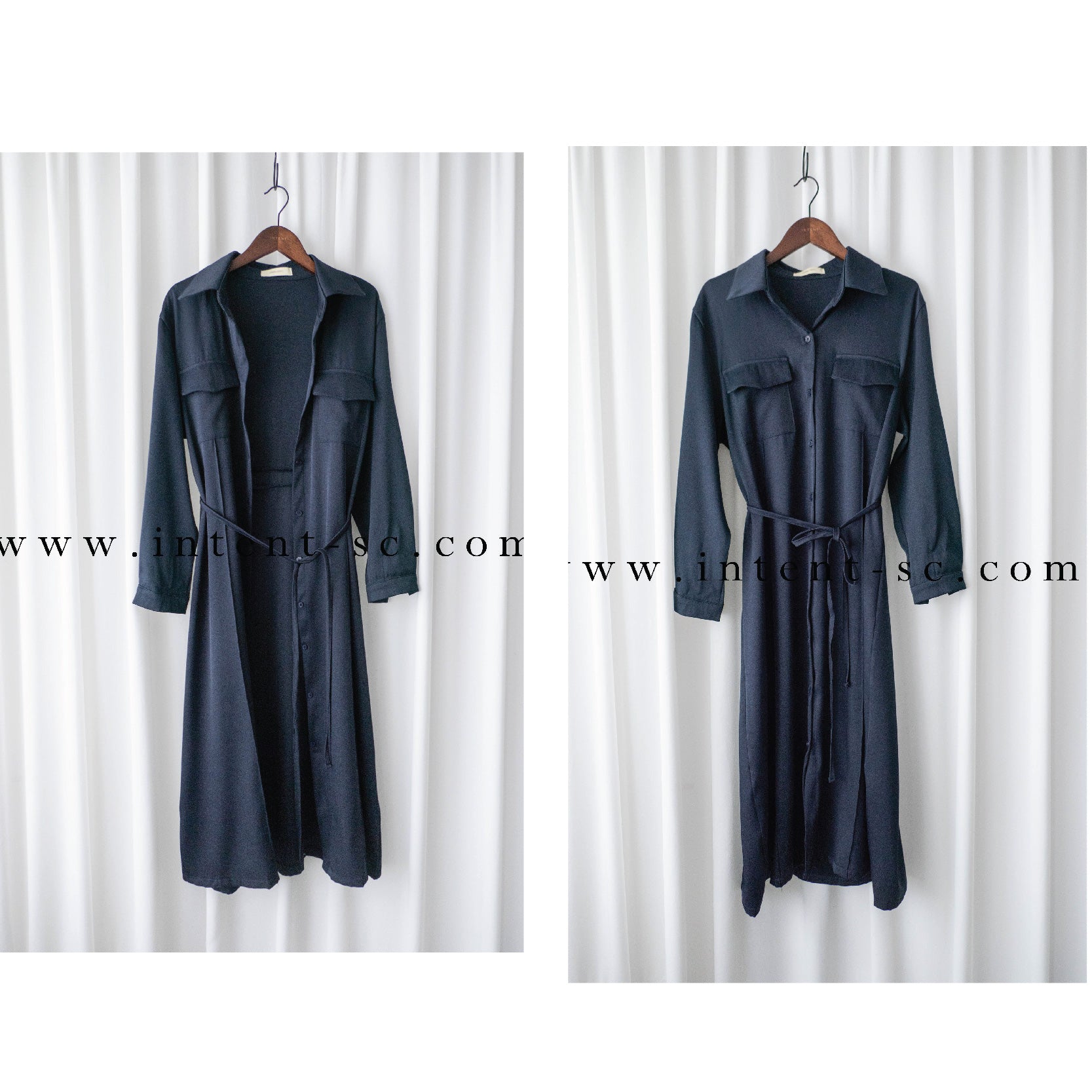 Navy 微光澤雙口袋修腰知性連身裙或外套, Dress/ DS9324