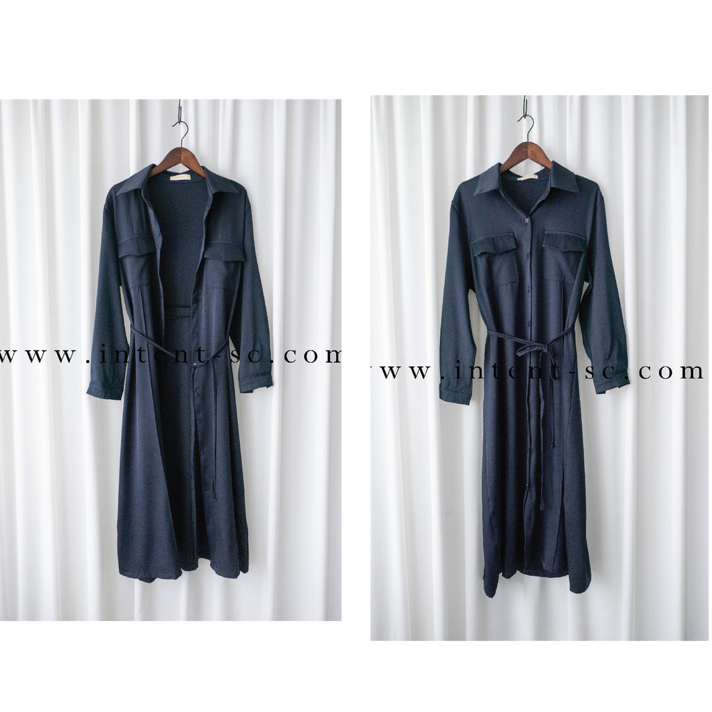 Navy 微光澤雙口袋修腰知性連身裙或外套, Dress/ DS9324