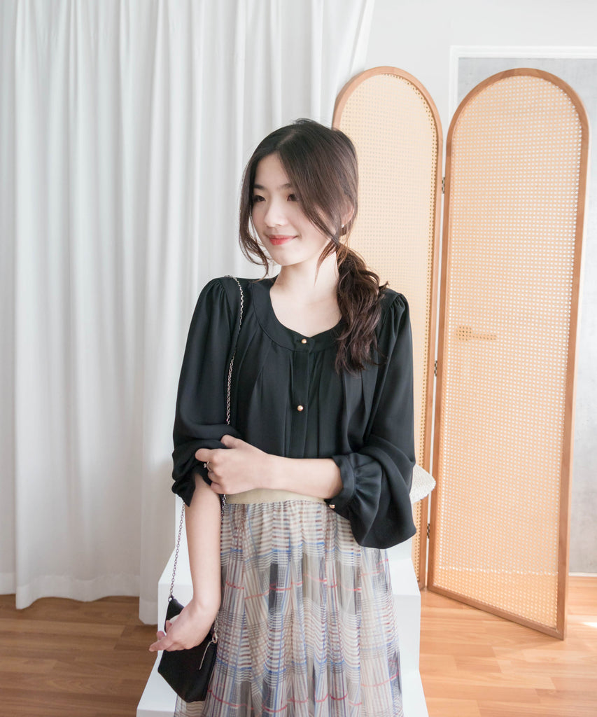 Pleated Collar 車褶圓領圓金鈕雪紡上衣, Blouse/ BU8973