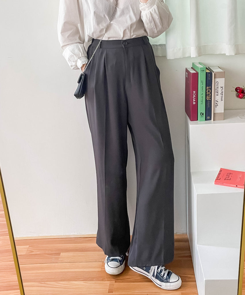Jersey 修飾腿形100%防皺高質垂感雲石鈕闊腳褲, Pants/ PT8398 (百搭炭黑 Charcoal sold out)