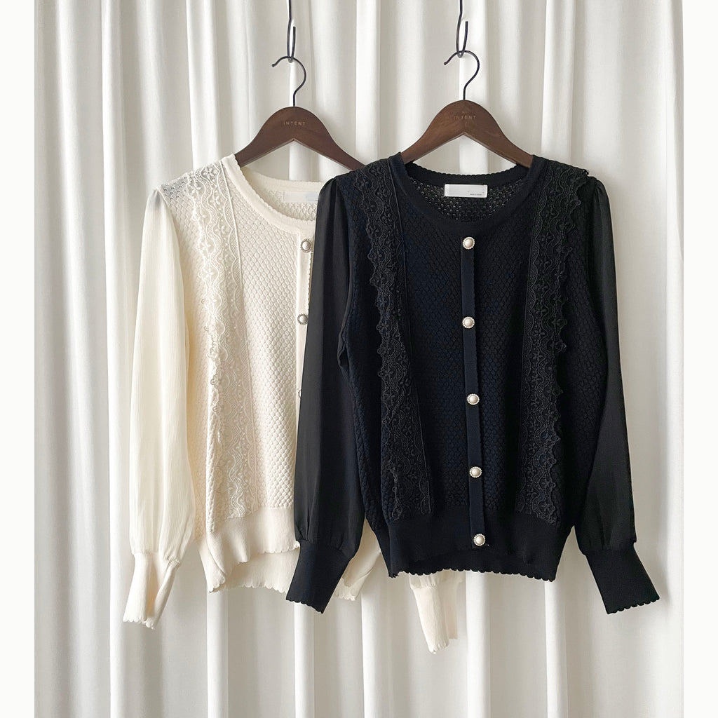 Chiffon Sleeve 花邊領口彈性針織雪紡手袖裝飾鈕, Blouse/ CD8124 (不設訂貨款)