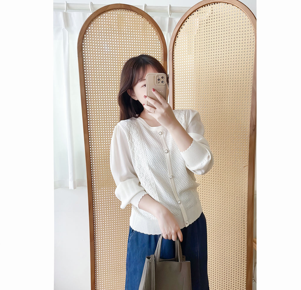 Chiffon Sleeve 花邊領口彈性針織雪紡手袖裝飾鈕, Blouse/ CD8124 (不設訂貨款)