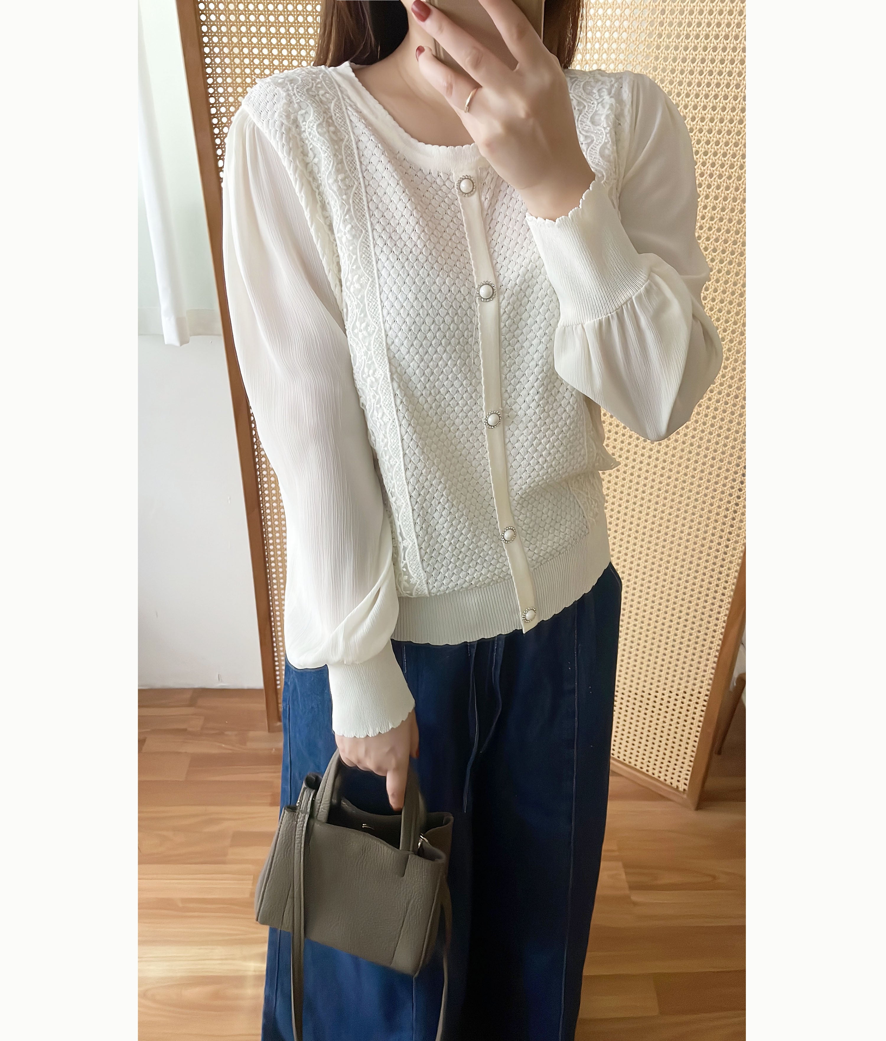 Chiffon Sleeve 花邊領口彈性針織雪紡手袖裝飾鈕, Blouse/ CD8124 (不設訂貨款)