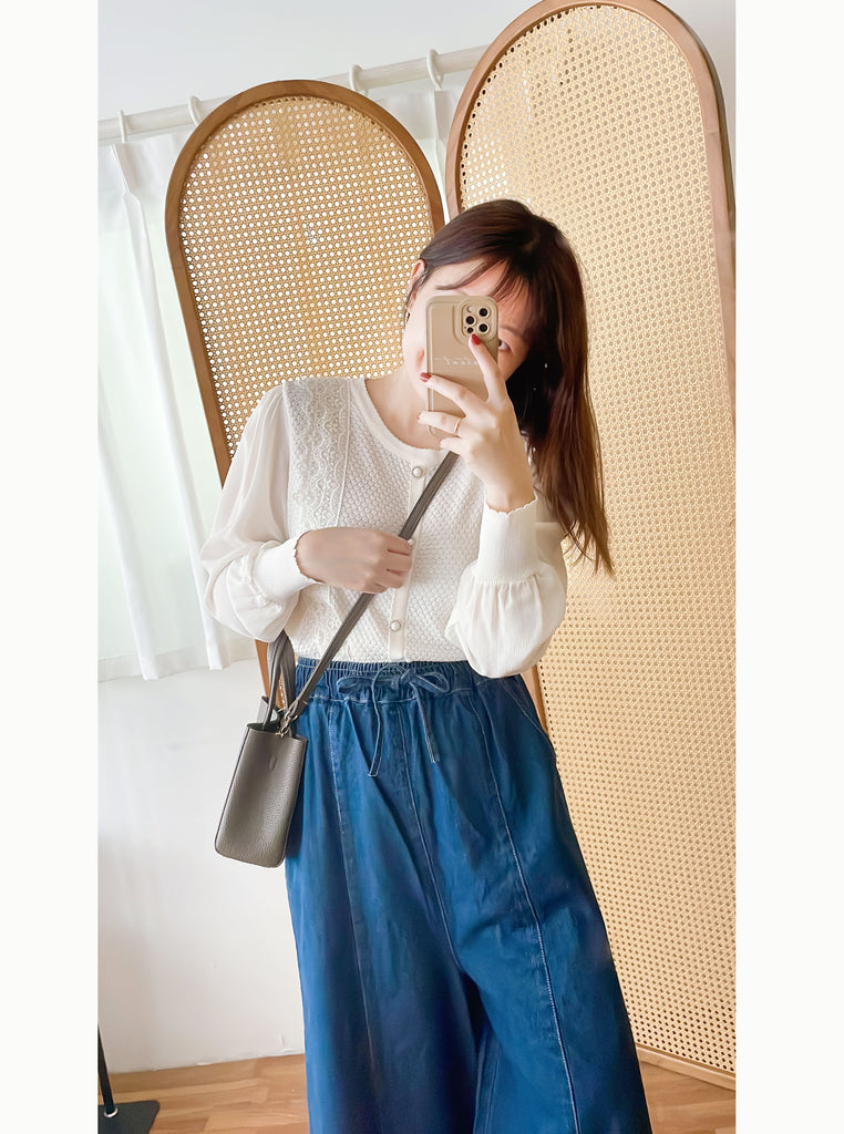 Chiffon Sleeve 花邊領口彈性針織雪紡手袖裝飾鈕, Blouse/ CD8124 (不設訂貨款)