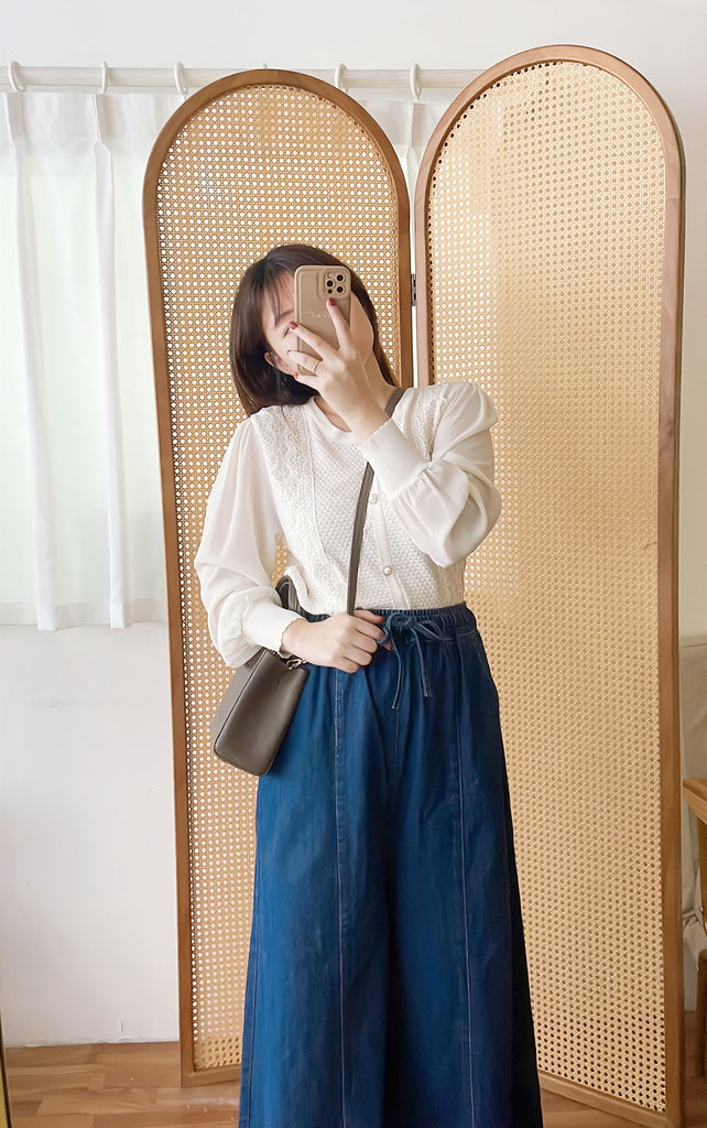 Chiffon Sleeve 花邊領口彈性針織雪紡手袖裝飾鈕, Blouse/ CD8124 (不設訂貨款)