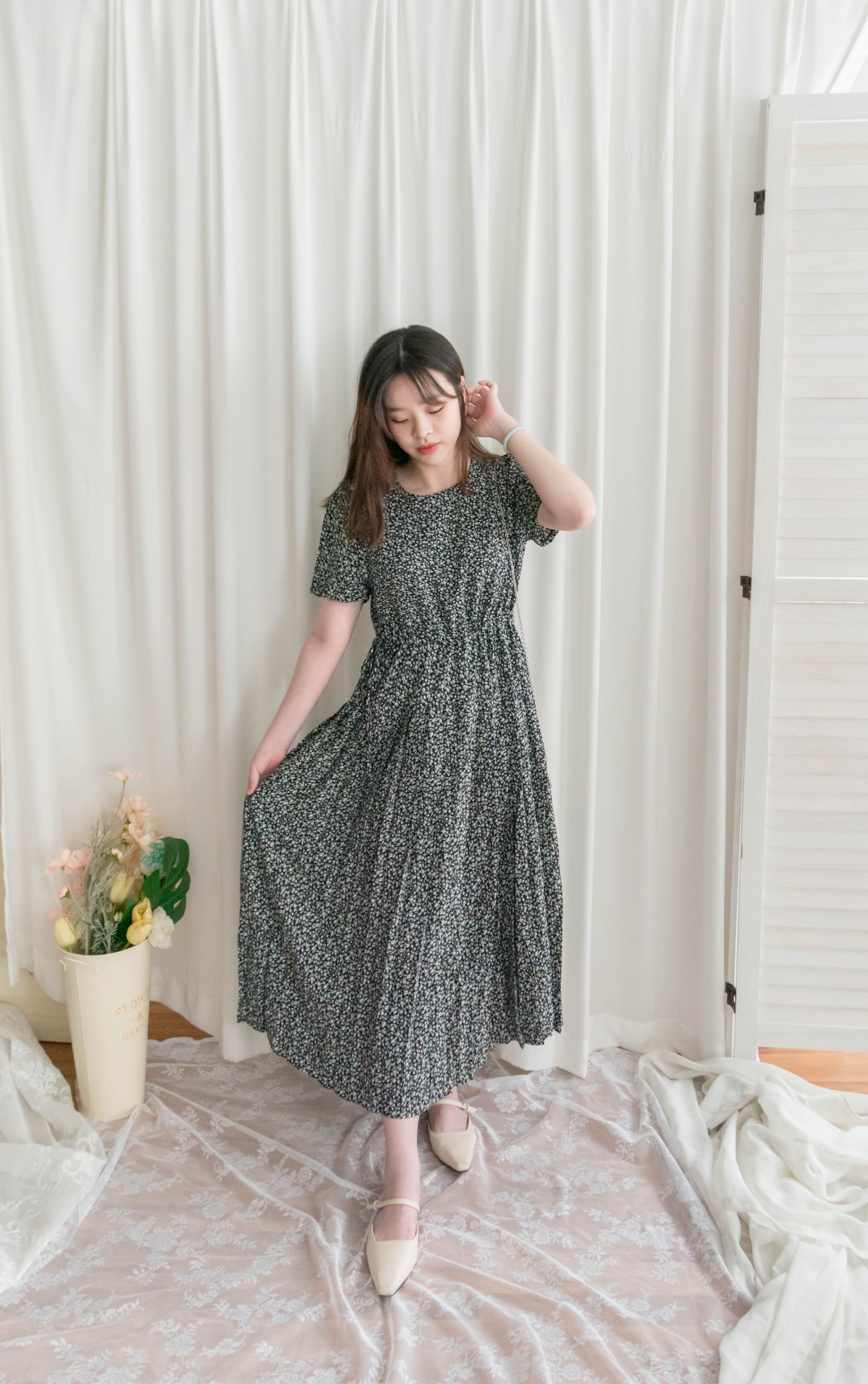 Blackberry 黑梅子彩花側蝴蝶腰下百褶傘裙, Dress/ DS9319