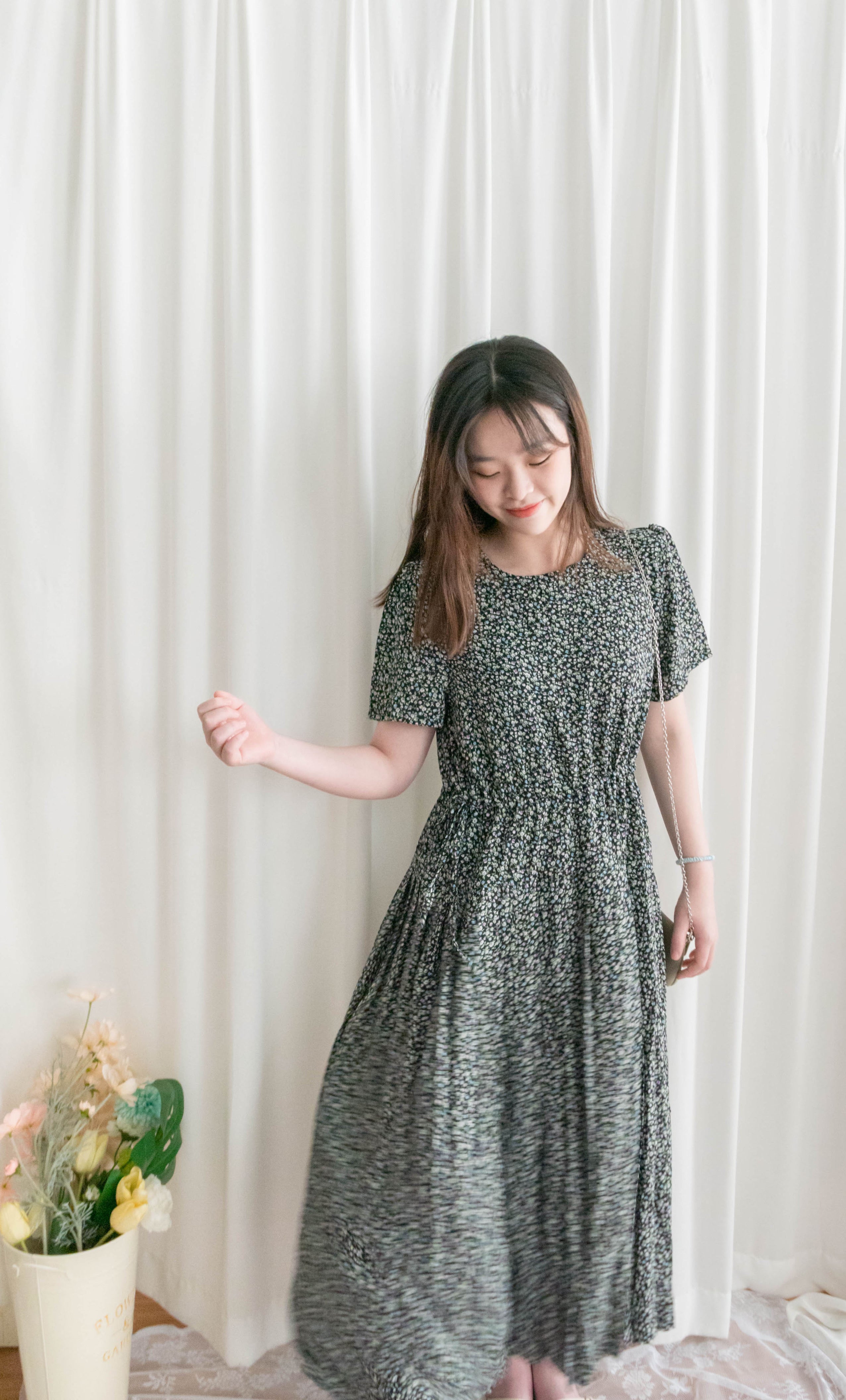 Blackberry 黑梅子彩花側蝴蝶腰下百褶傘裙, Dress/ DS9319
