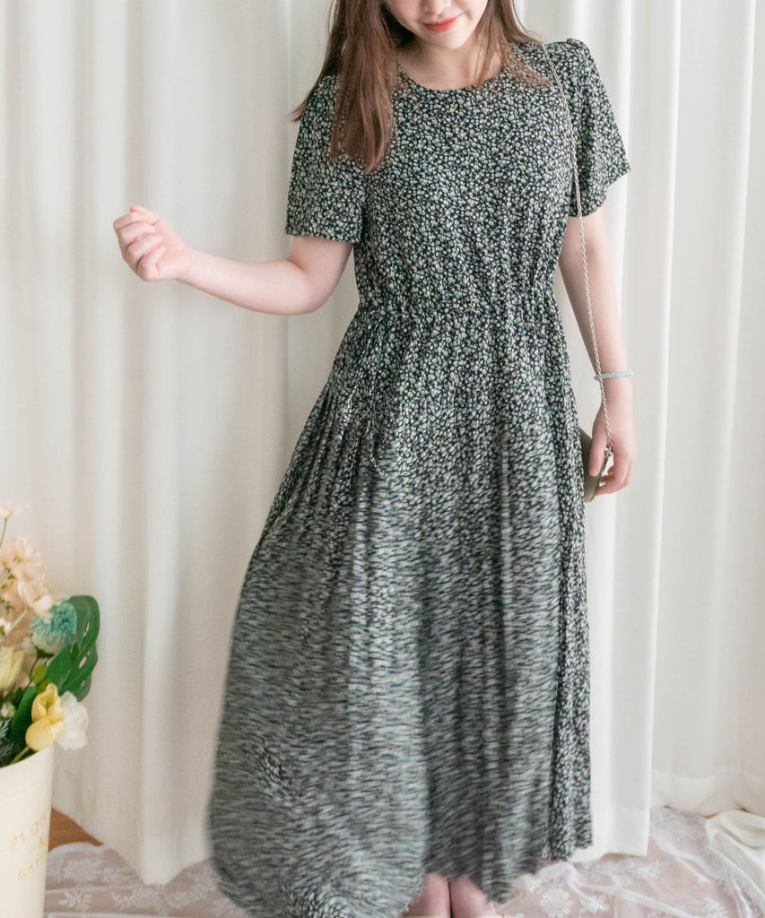 Blackberry 黑梅子彩花側蝴蝶腰下百褶傘裙, Dress/ DS9319