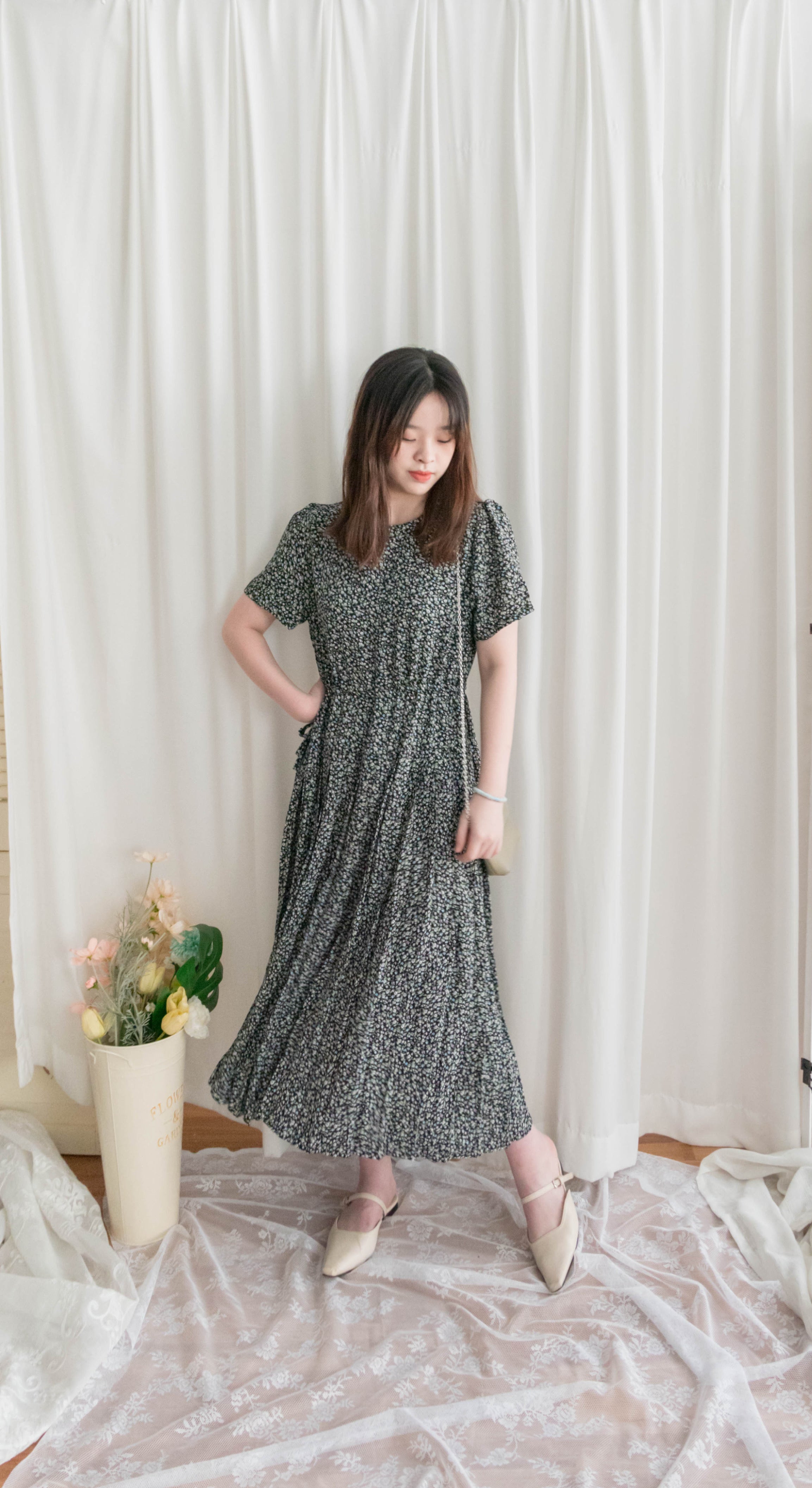 Blackberry 黑梅子彩花側蝴蝶腰下百褶傘裙, Dress/ DS9319