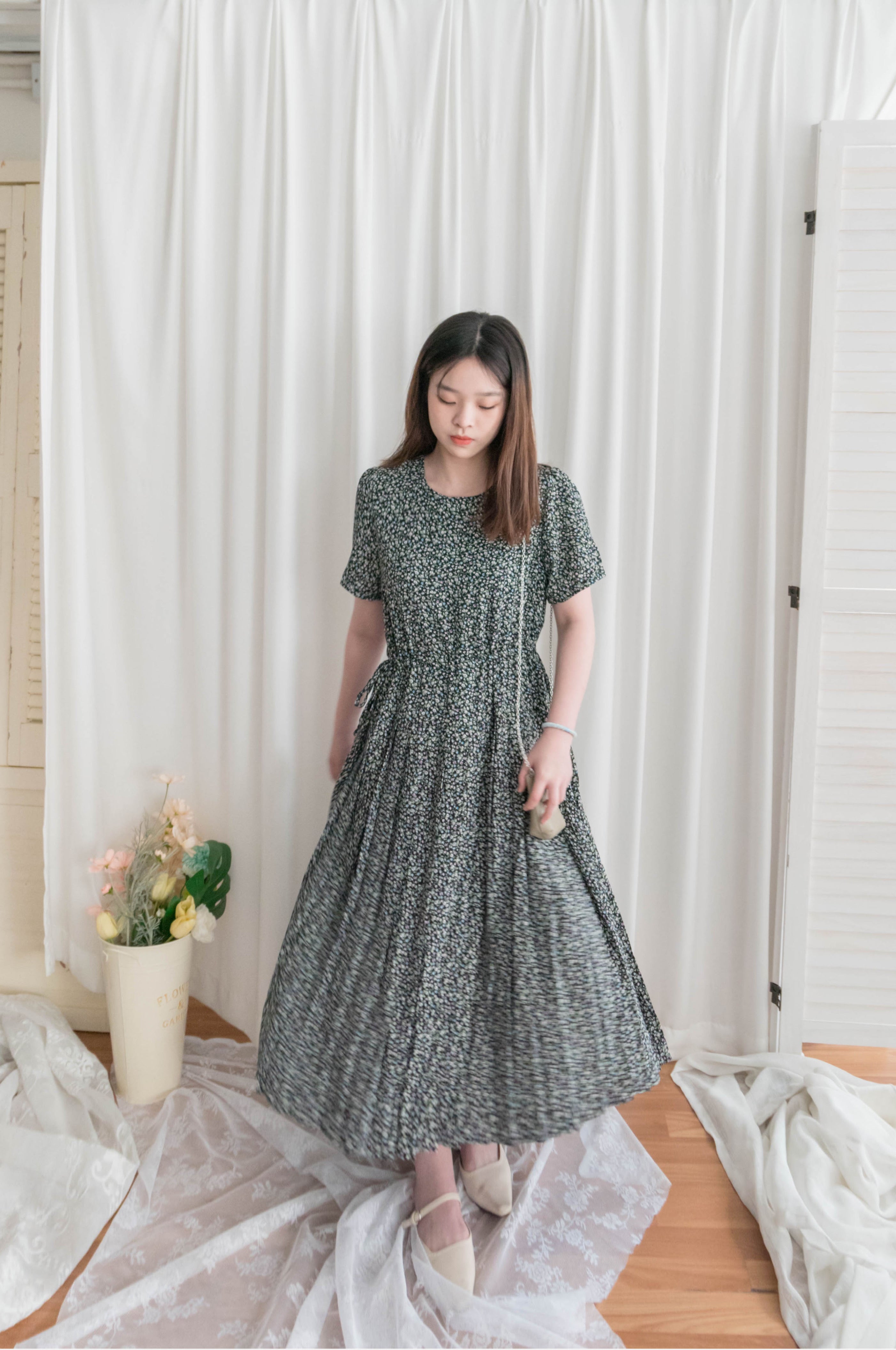 Blackberry 黑梅子彩花側蝴蝶腰下百褶傘裙, Dress/ DS9319