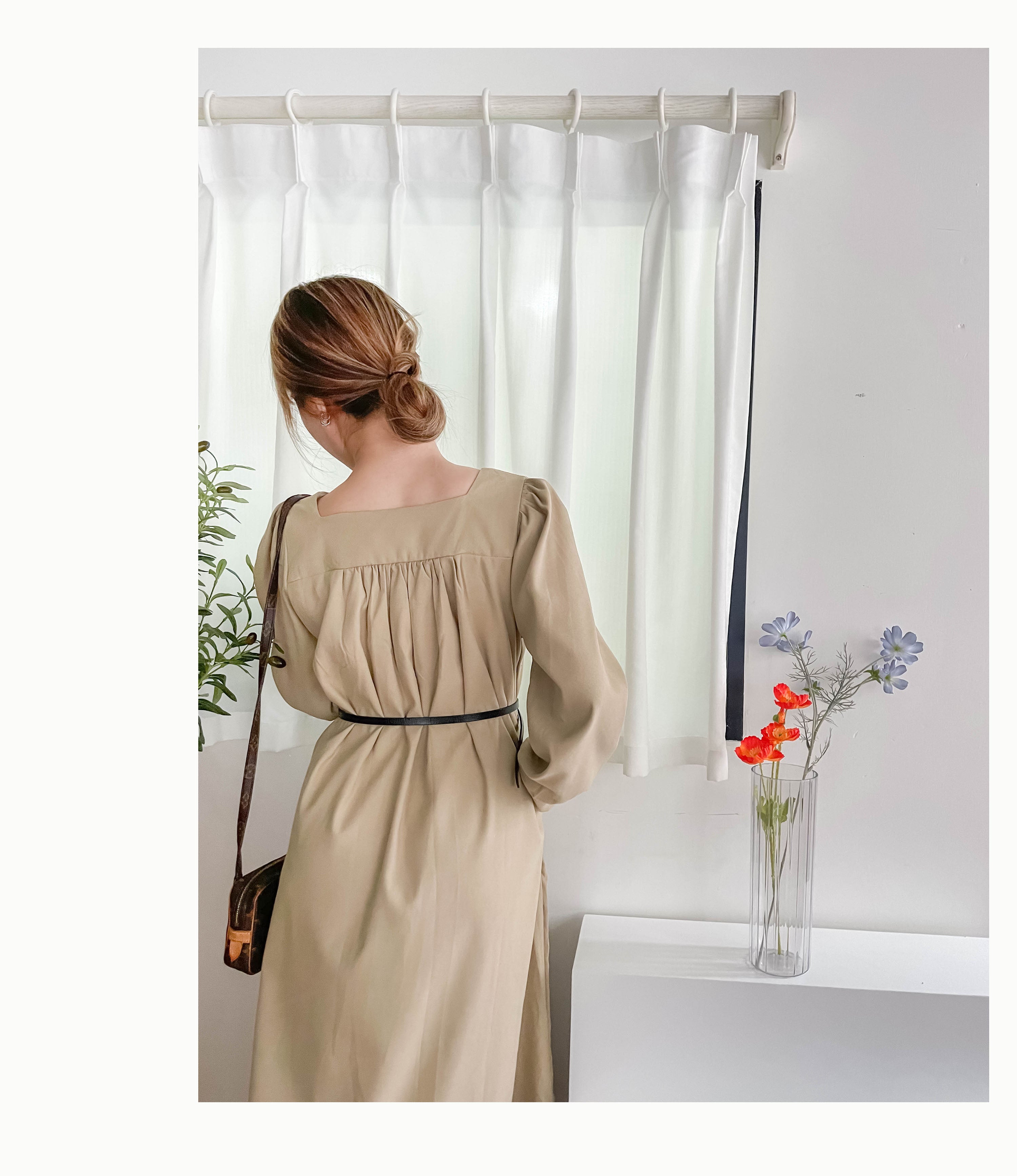Square Pleated 杏色前後方領車褶裙身口袋連身裙, Dress/ DS9365