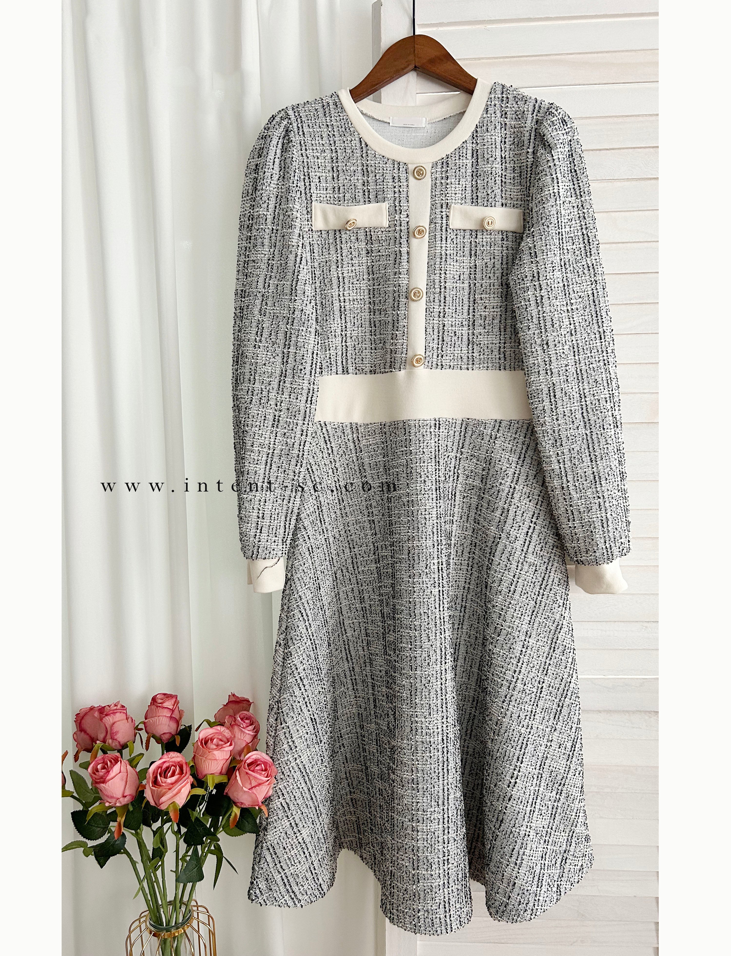 My Coco 十字線混灰細緻金鈕全彈性氣質連身裙, Dress/ DS9327