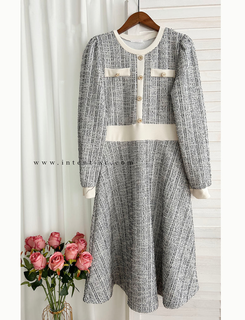 My Coco 十字線混灰細緻金鈕全彈性氣質連身裙, Dress/ DS9327