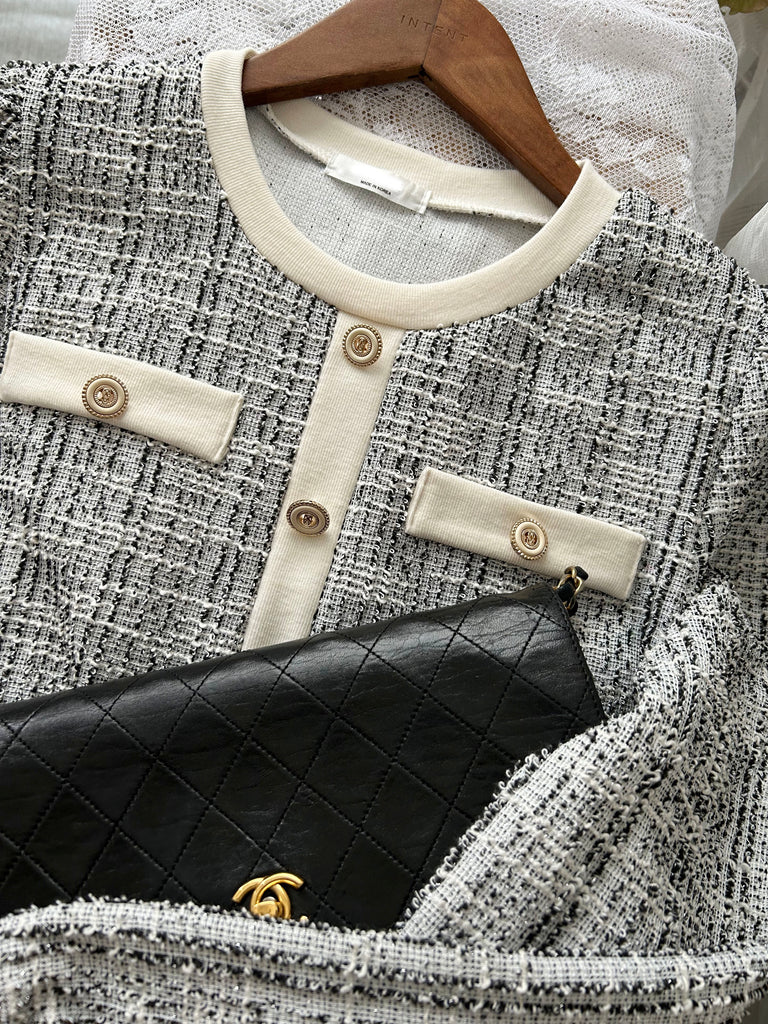 My Coco 十字線混灰細緻金鈕全彈性氣質連身裙, Dress/ DS9327