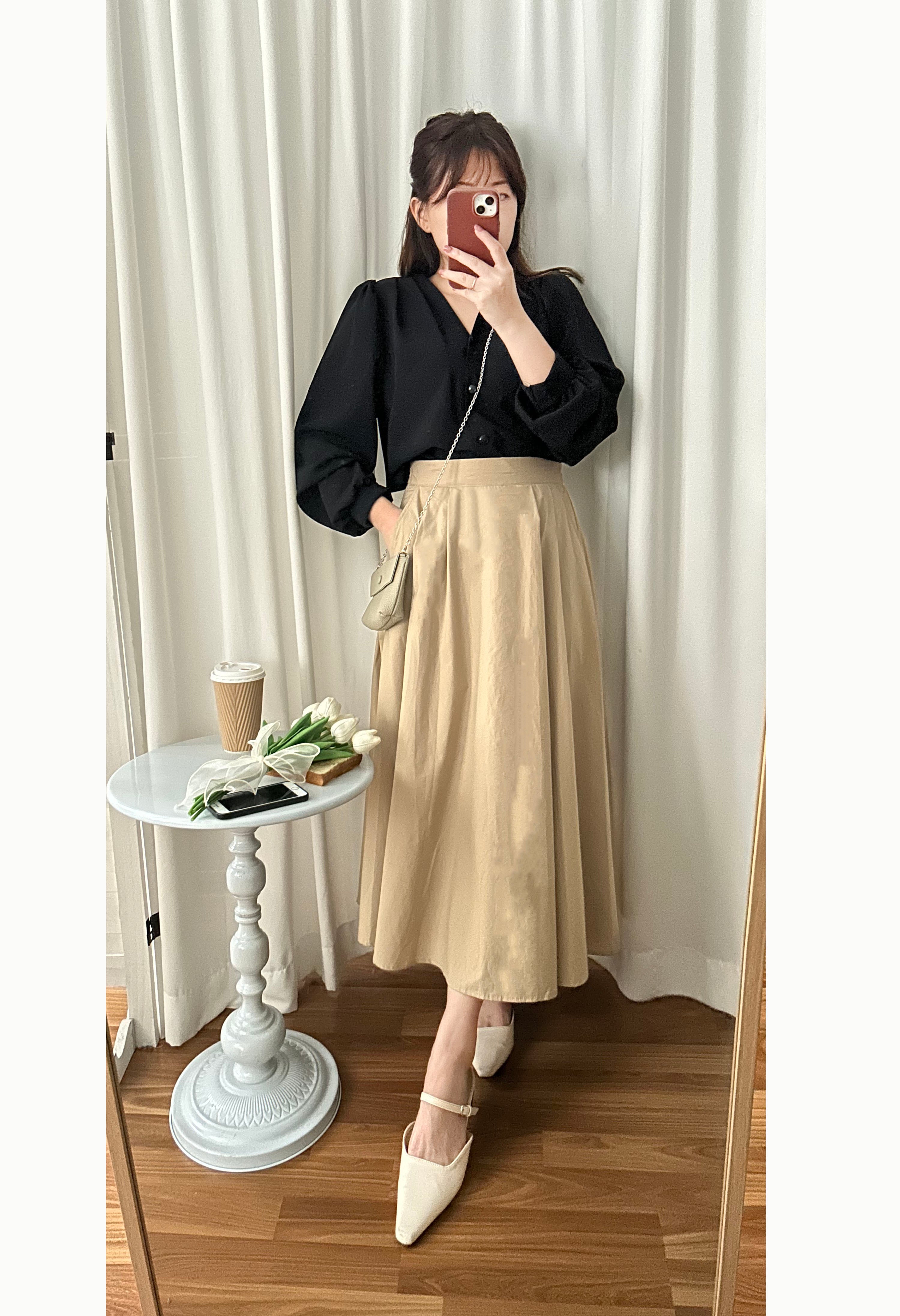 Beige Flair 優雅隨性挺身杏色口袋傘裙, Skirt/ SK8730
