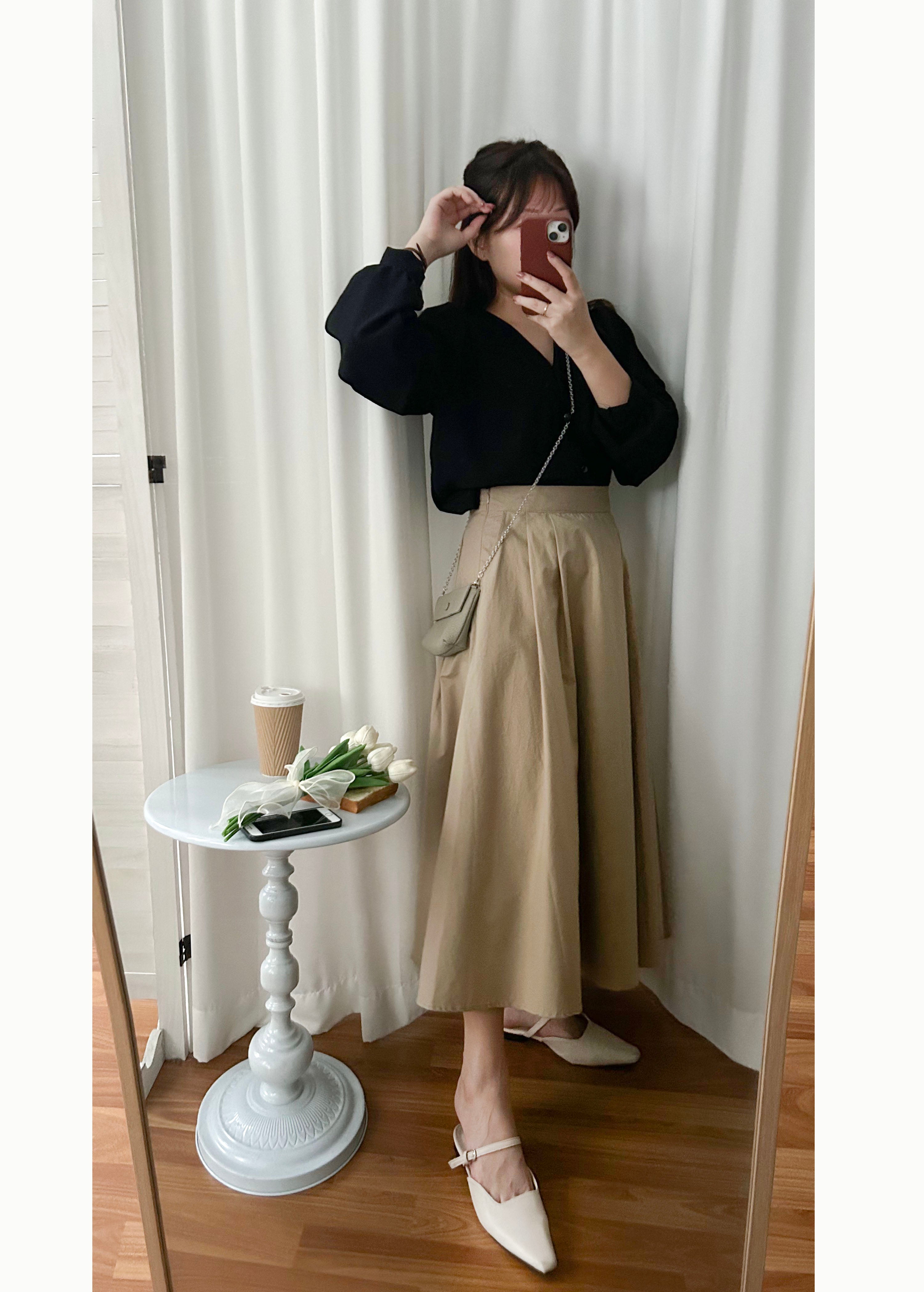 Beige Flair 優雅隨性挺身杏色口袋傘裙, Skirt/ SK8730