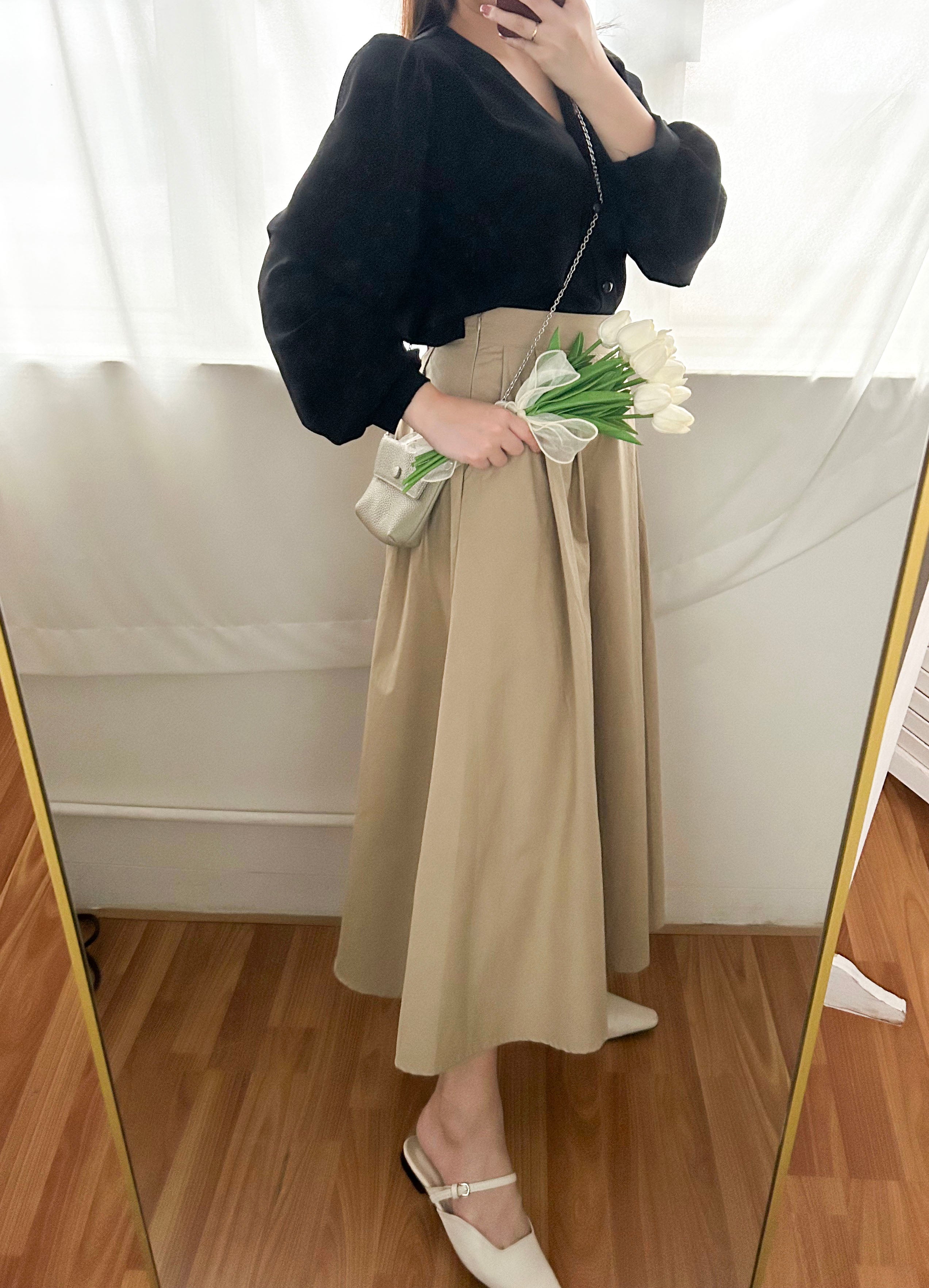 Beige Flair 優雅隨性挺身杏色口袋傘裙, Skirt/ SK8730