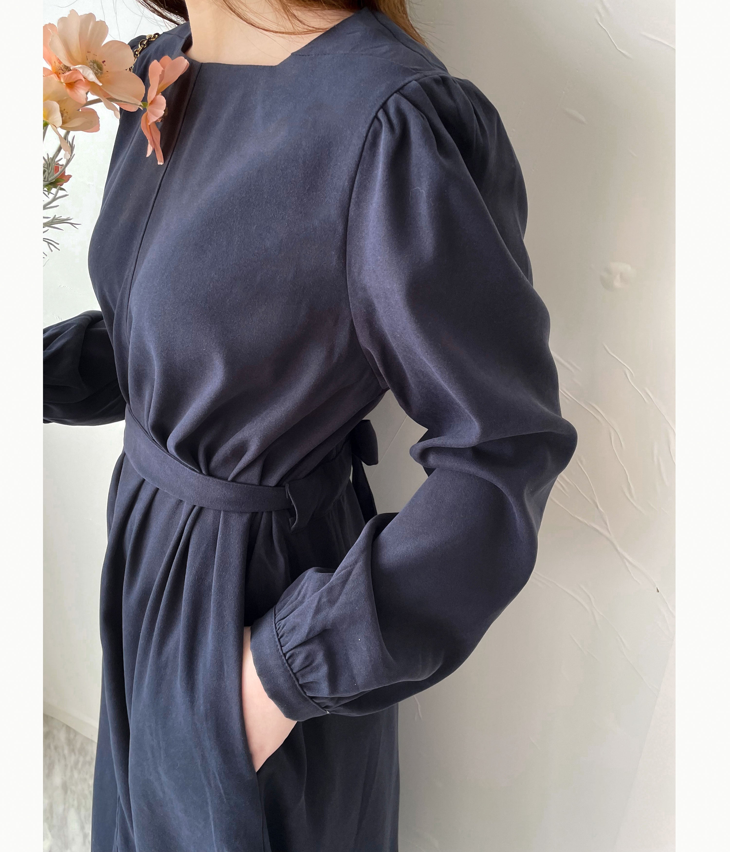 Back Ribbon 船領環形後蝴蝶修腰口袋連身裙, Dress/ DS9364