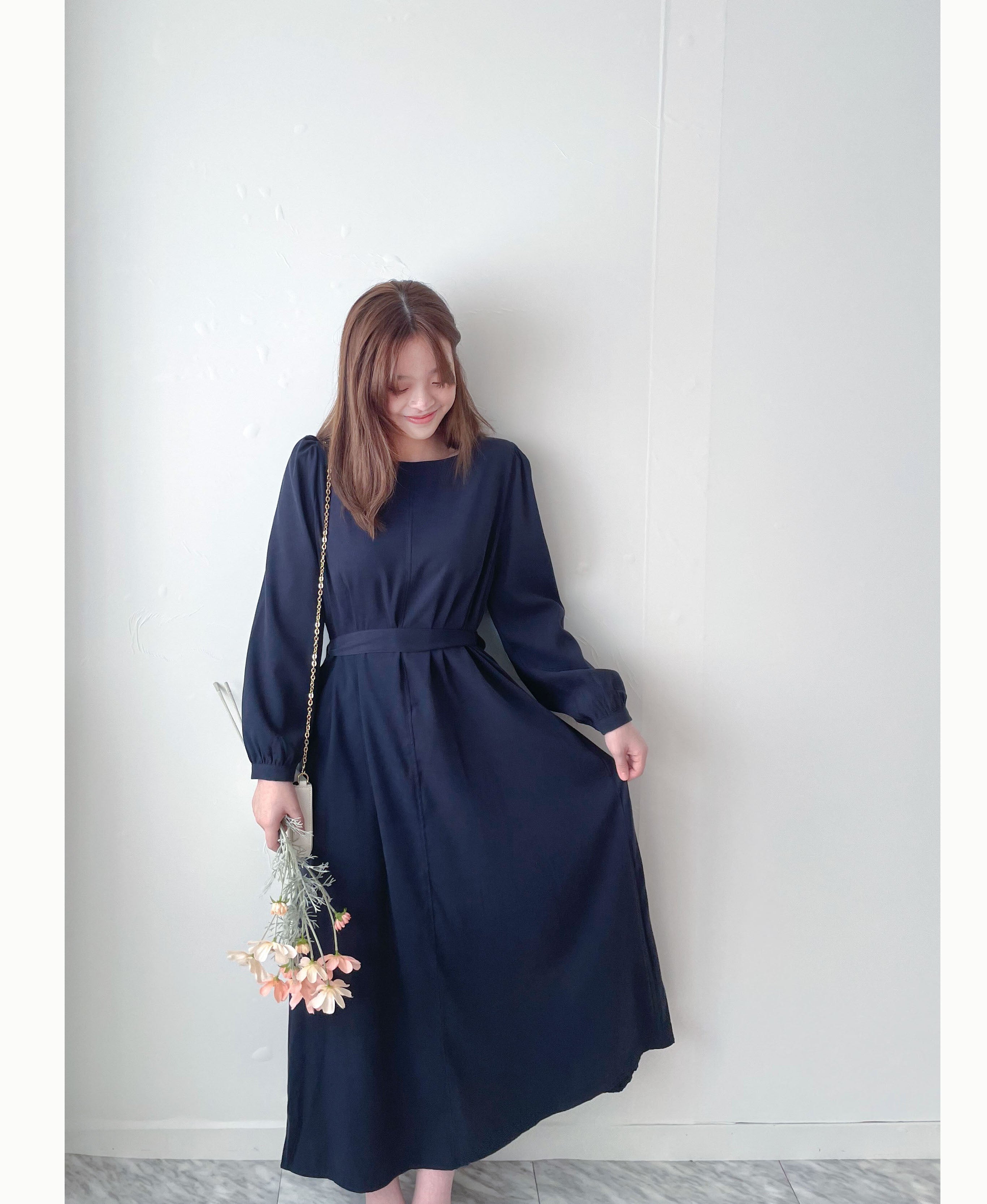 Back Ribbon 船領環形後蝴蝶修腰口袋連身裙, Dress/ DS9364