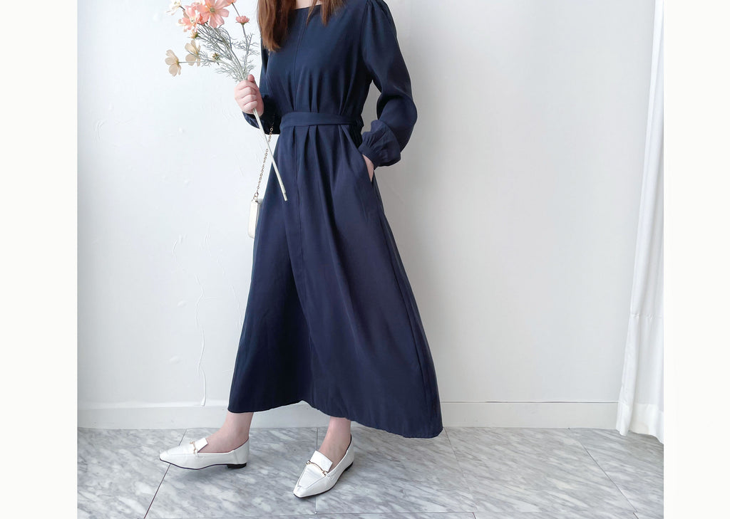 Back Ribbon 船領環形後蝴蝶修腰口袋連身裙, Dress/ DS9364