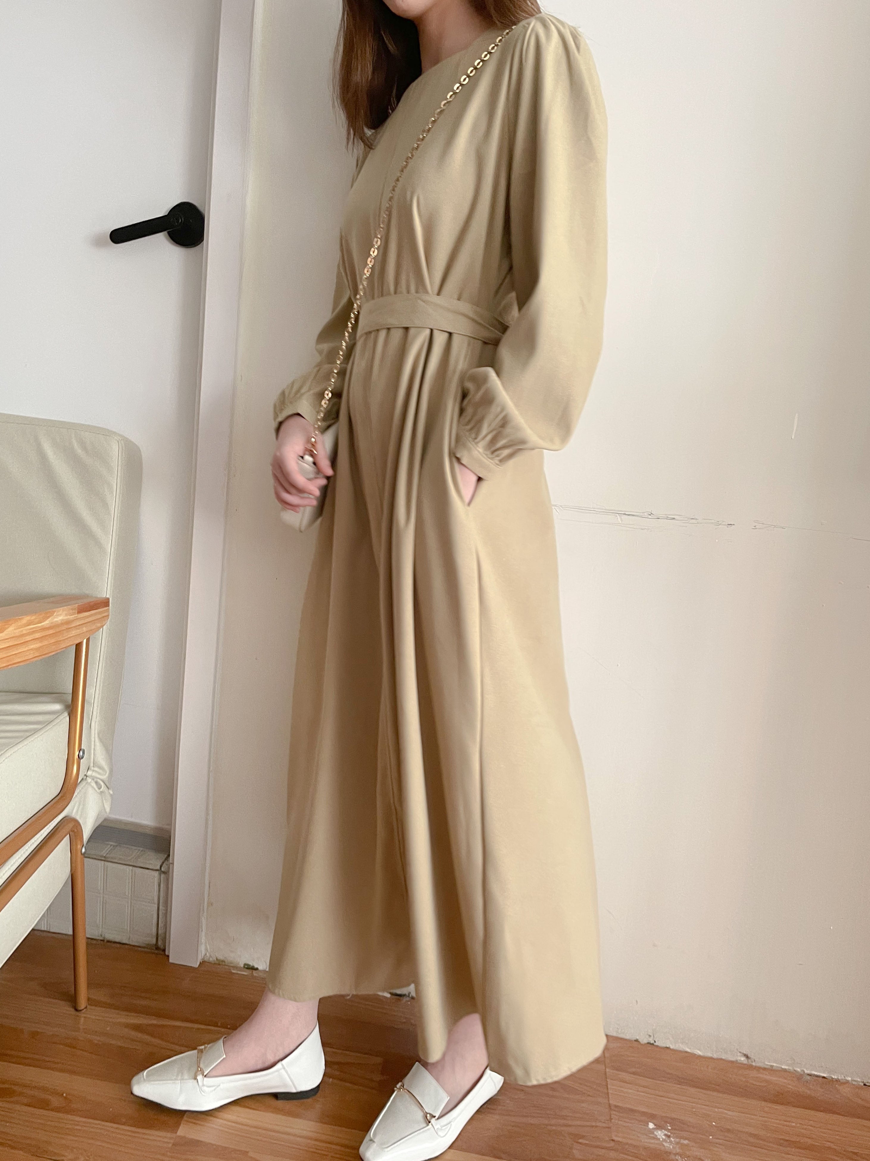 Back Ribbon 船領環形後蝴蝶修腰口袋連身裙, Dress/ DS9364