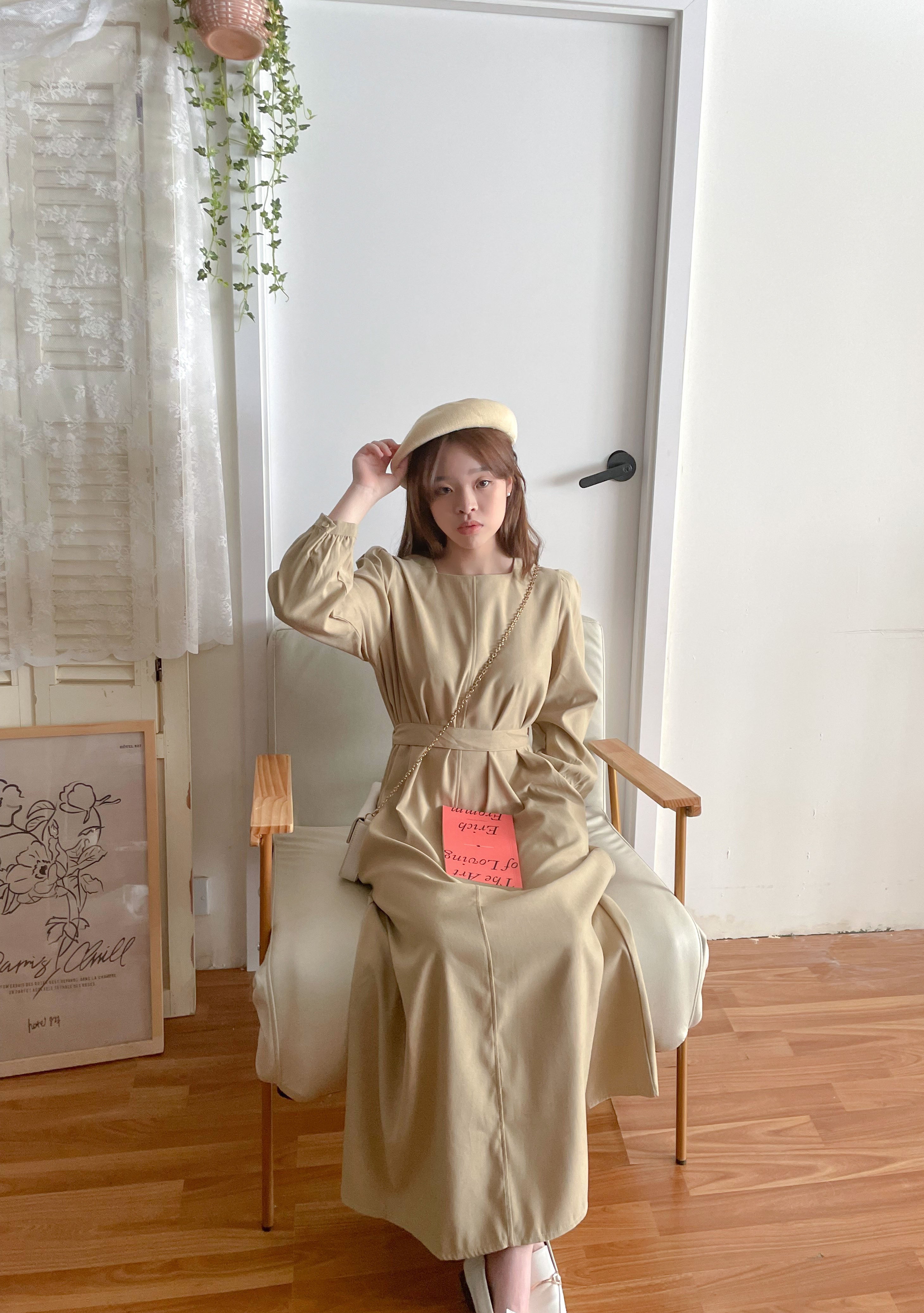 Back Ribbon 船領環形後蝴蝶修腰口袋連身裙, Dress/ DS9364