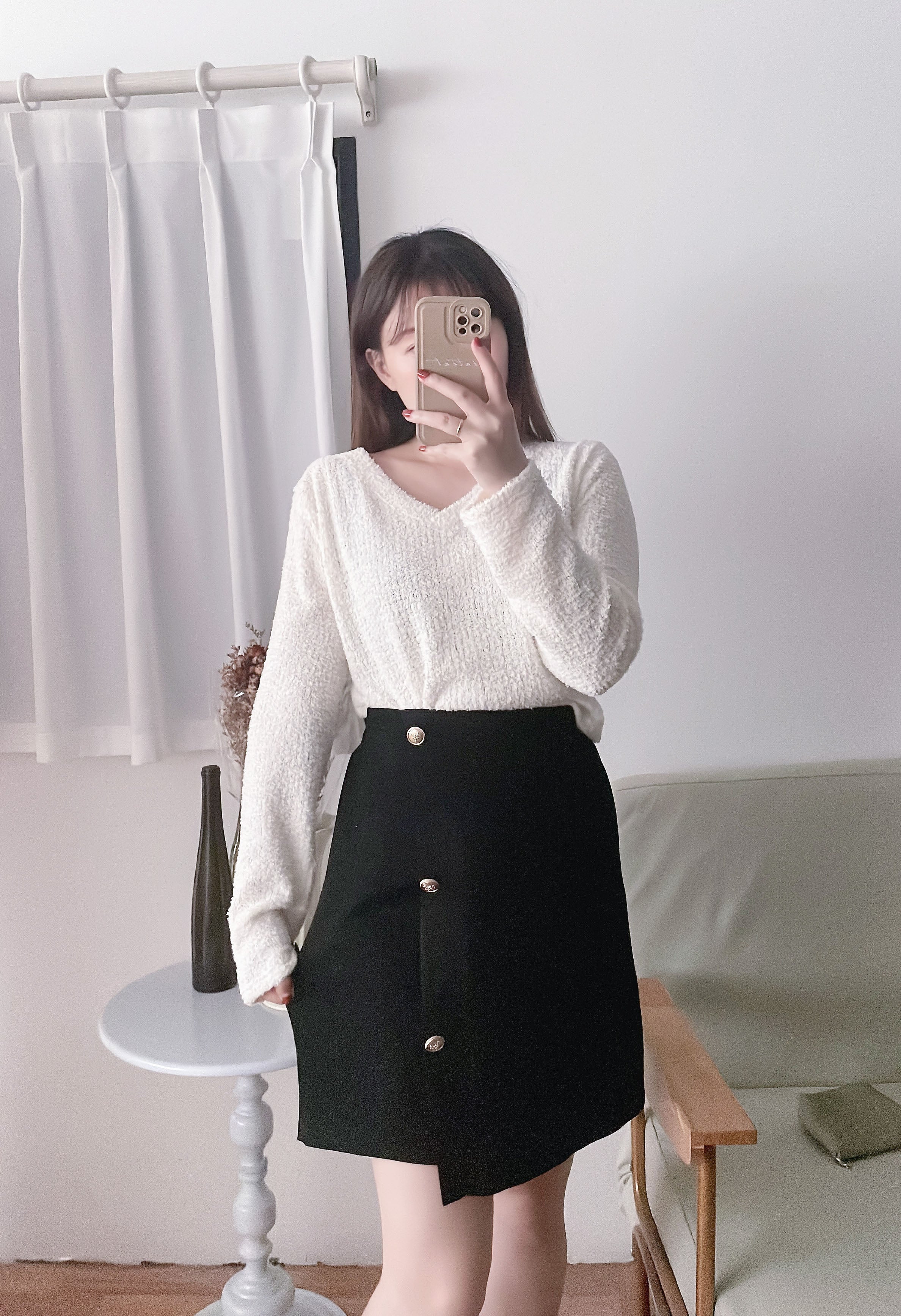Silky Shine 香檳色金鈕顯瘦重疊A形裙, Skirt/ SK8751