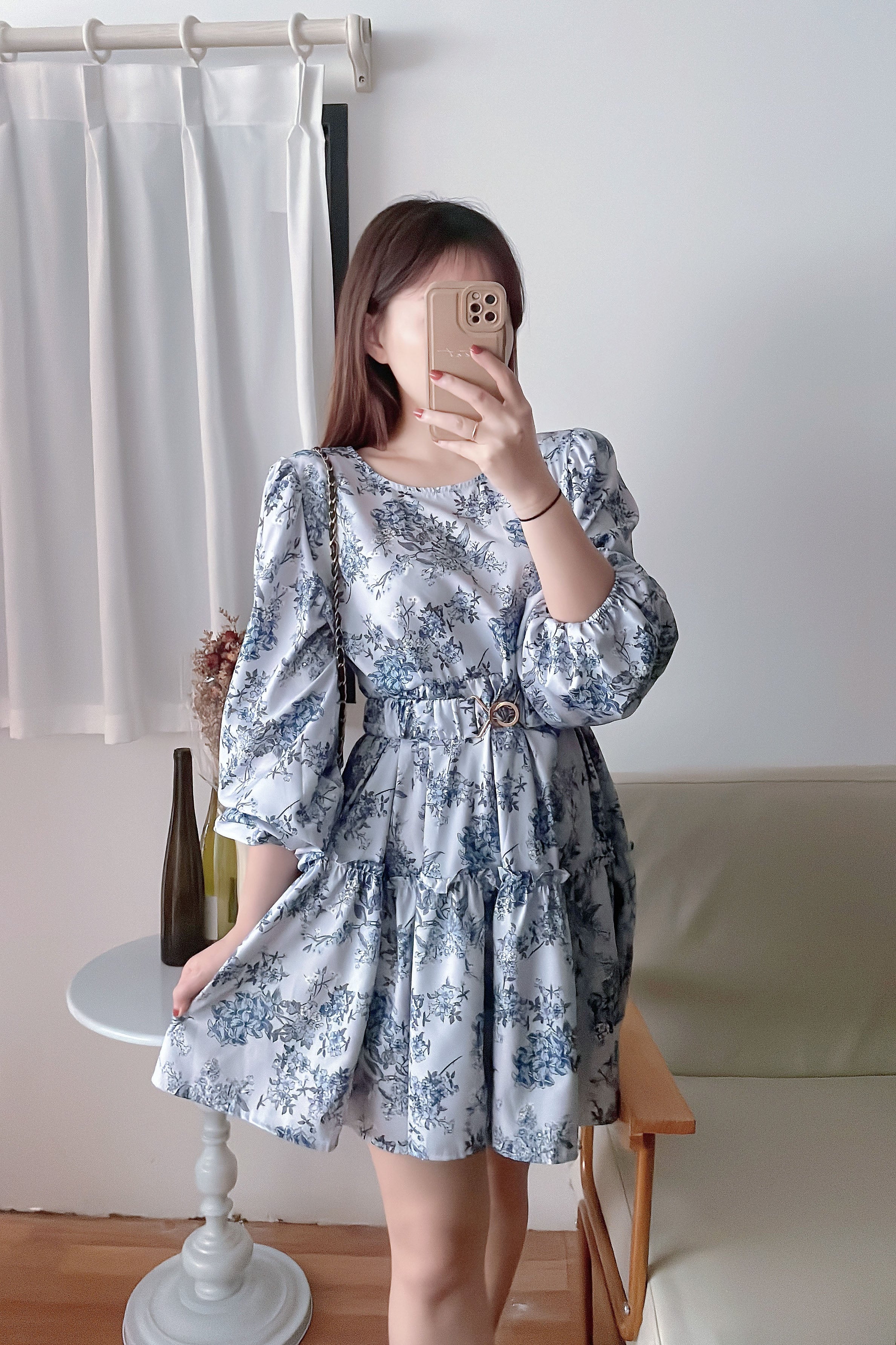 Porcelain 淺藍青瓷花彈性腰帶連身裙, Dress/ DS9352