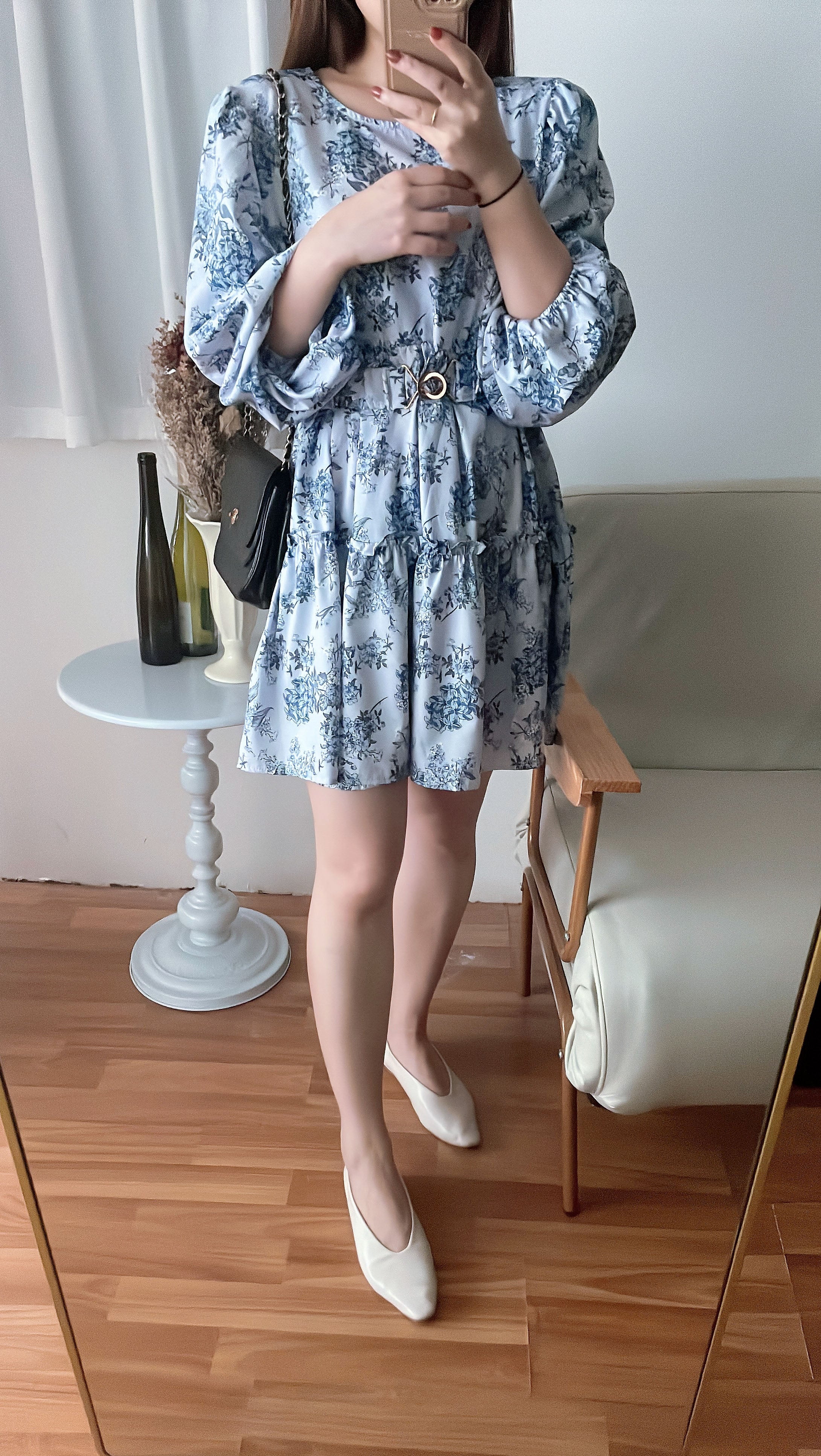 Porcelain 淺藍青瓷花彈性腰帶連身裙, Dress/ DS9352