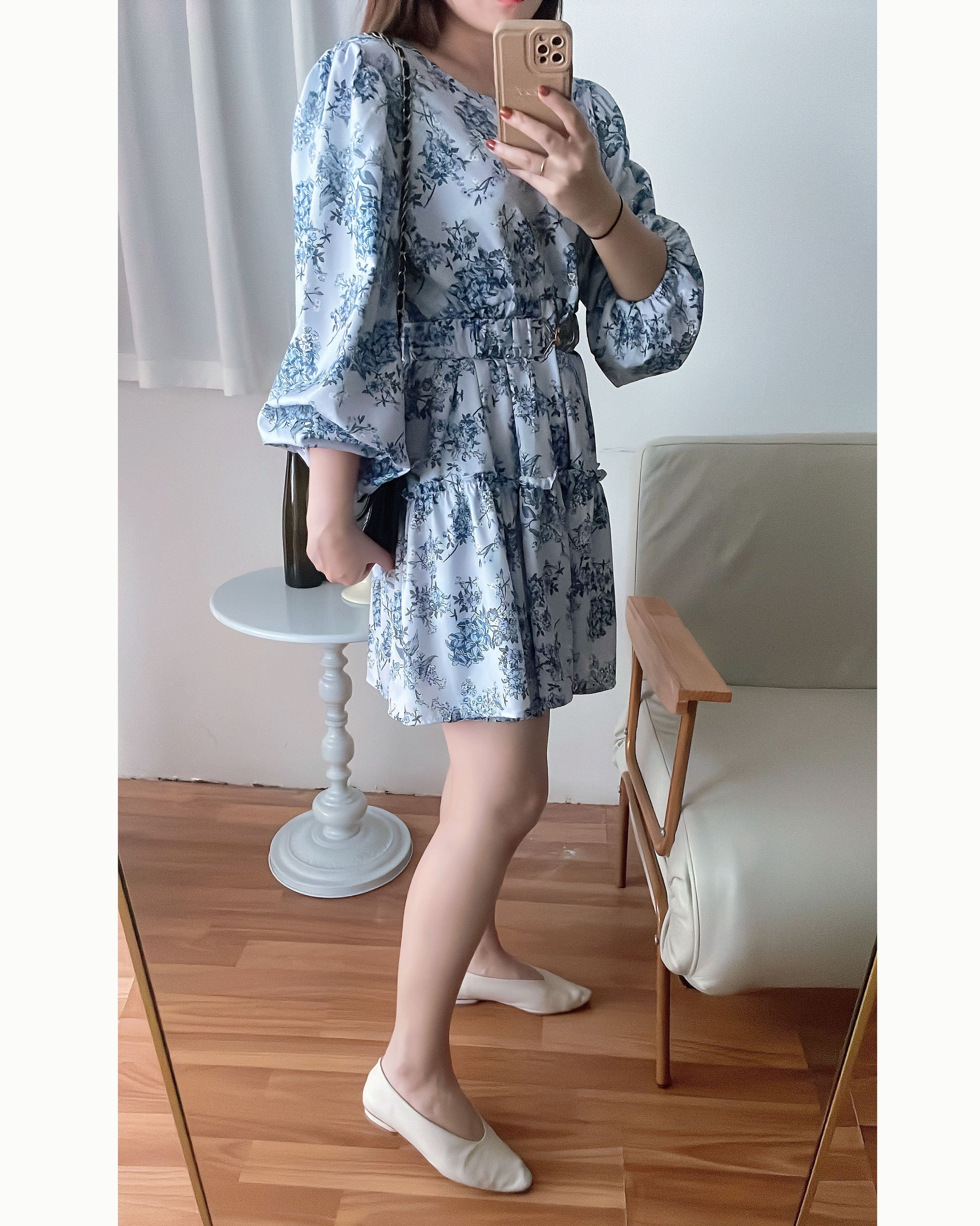 Porcelain 淺藍青瓷花彈性腰帶連身裙, Dress/ DS9352