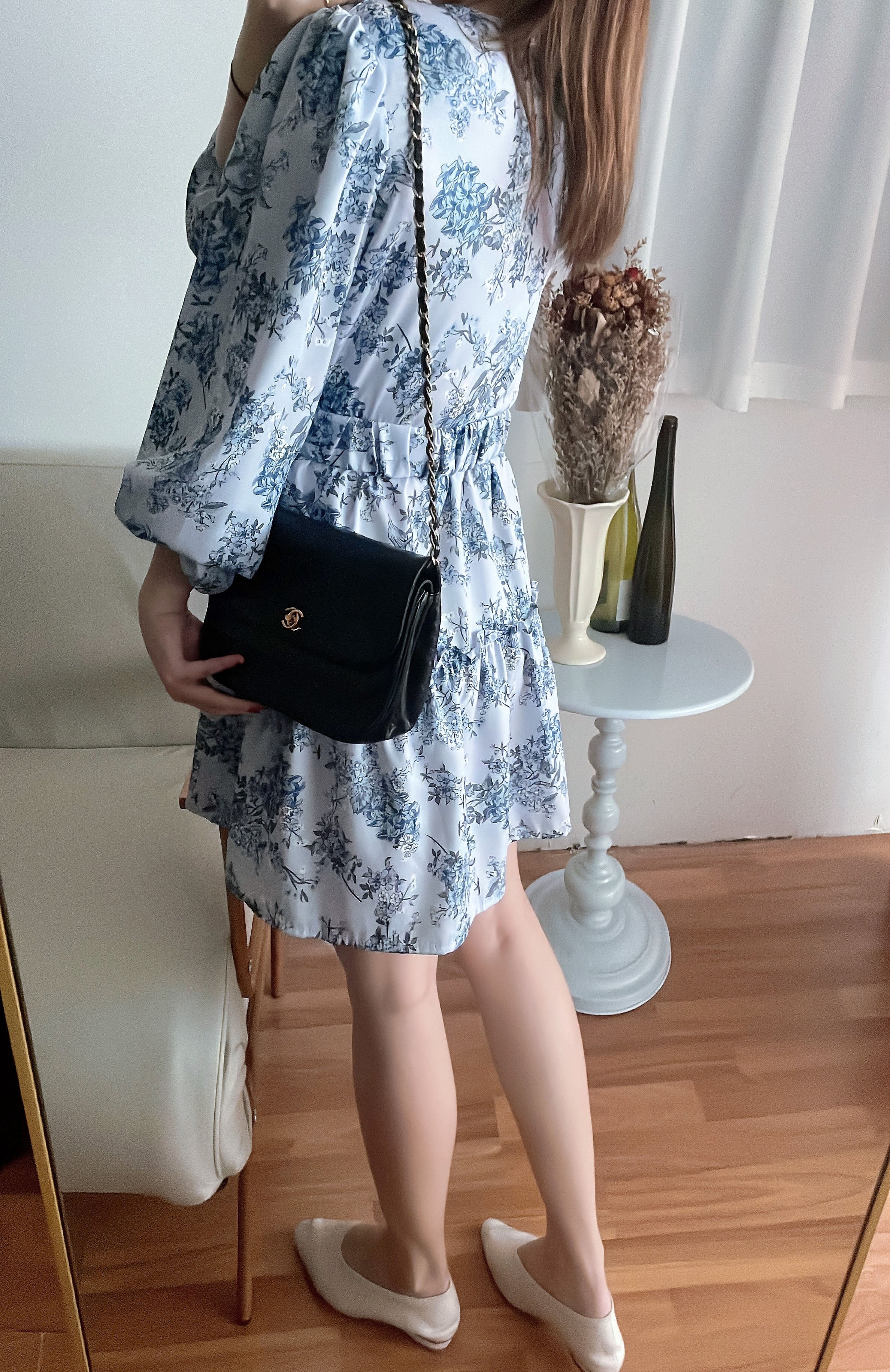 Porcelain 淺藍青瓷花彈性腰帶連身裙, Dress/ DS9352