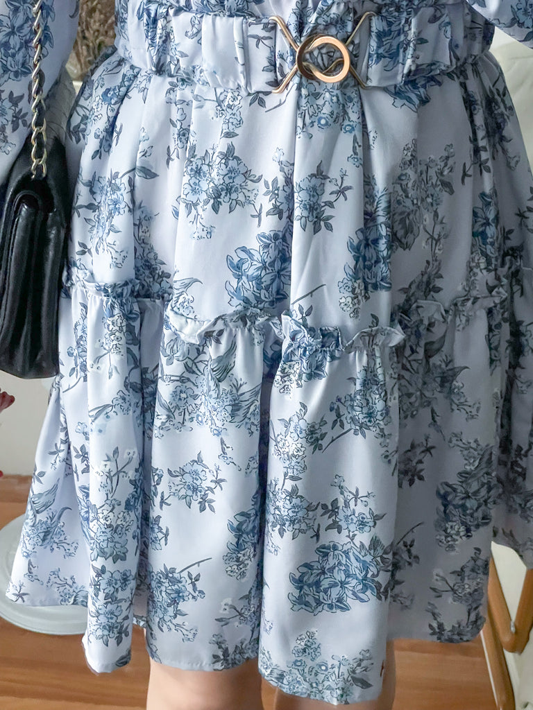 Porcelain 淺藍青瓷花彈性腰帶連身裙, Dress/ DS9352