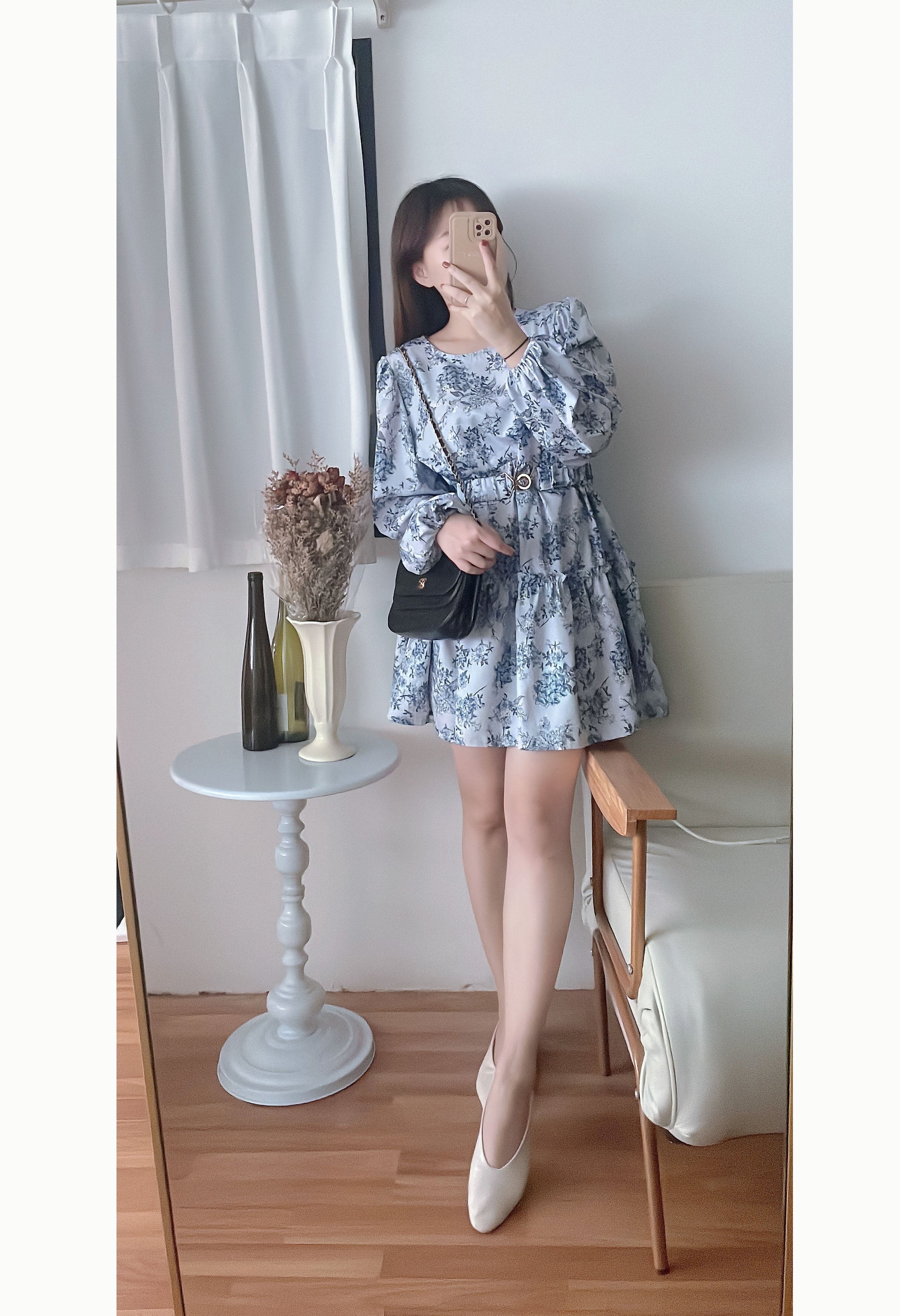 Porcelain 淺藍青瓷花彈性腰帶連身裙, Dress/ DS9352