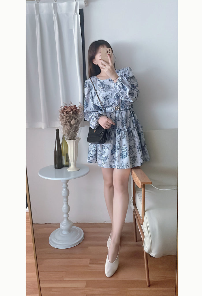 Porcelain 淺藍青瓷花彈性腰帶連身裙, Dress/ DS9352