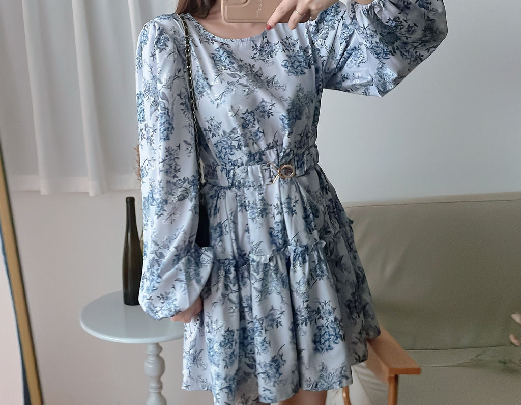 Porcelain 淺藍青瓷花彈性腰帶連身裙, Dress/ DS9352