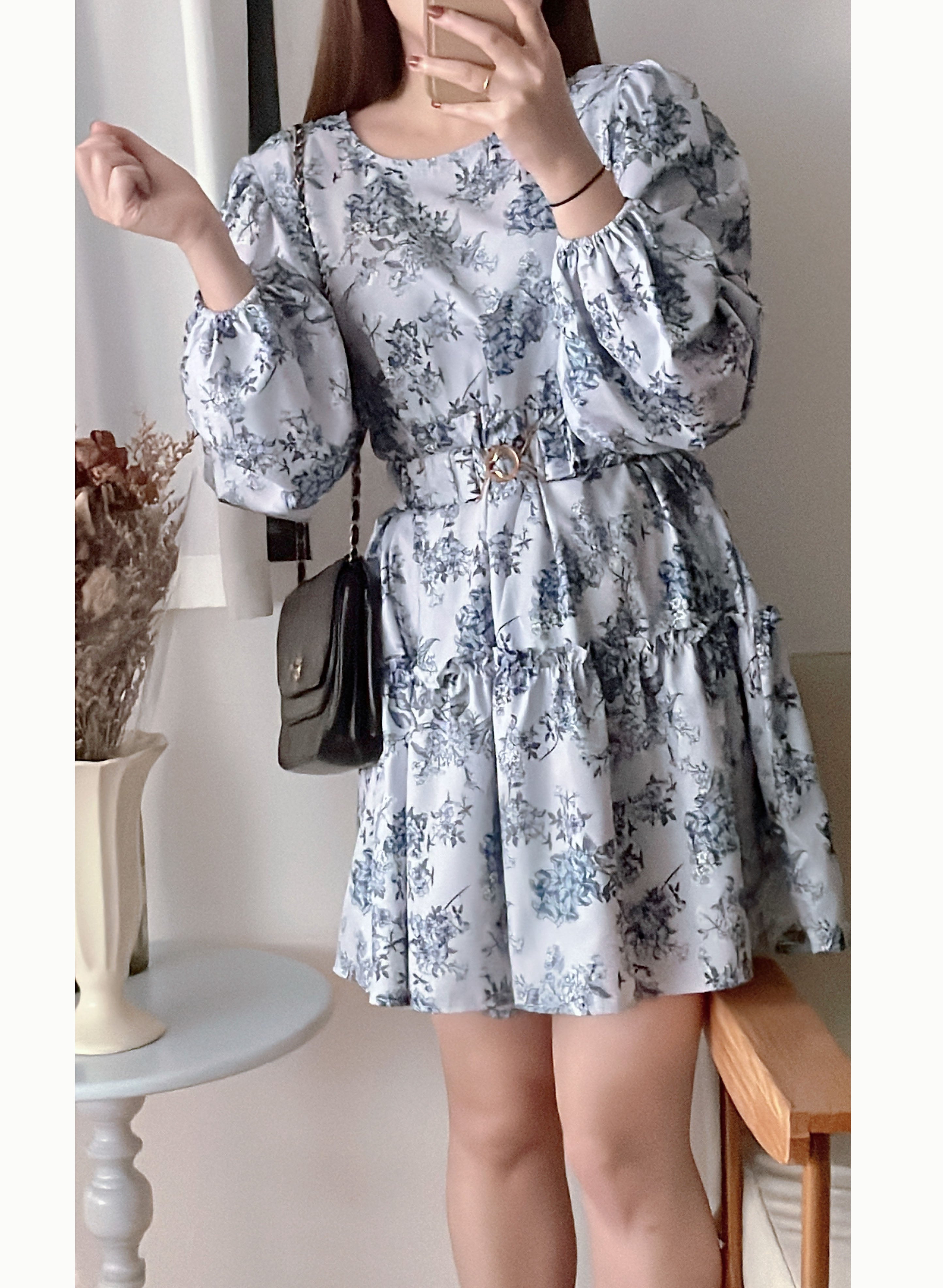 Porcelain 淺藍青瓷花彈性腰帶連身裙, Dress/ DS9352