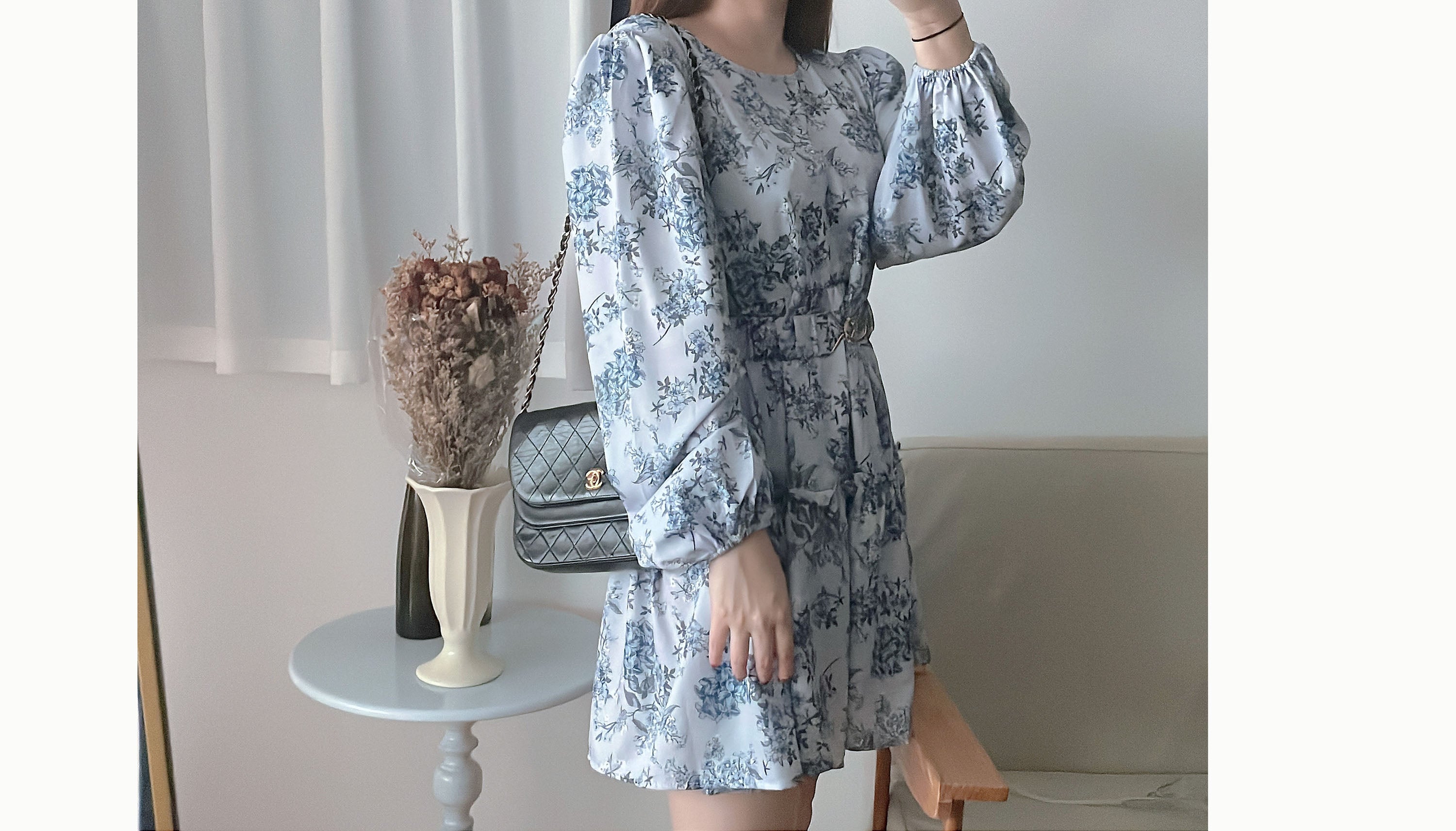 Porcelain 淺藍青瓷花彈性腰帶連身裙, Dress/ DS9352