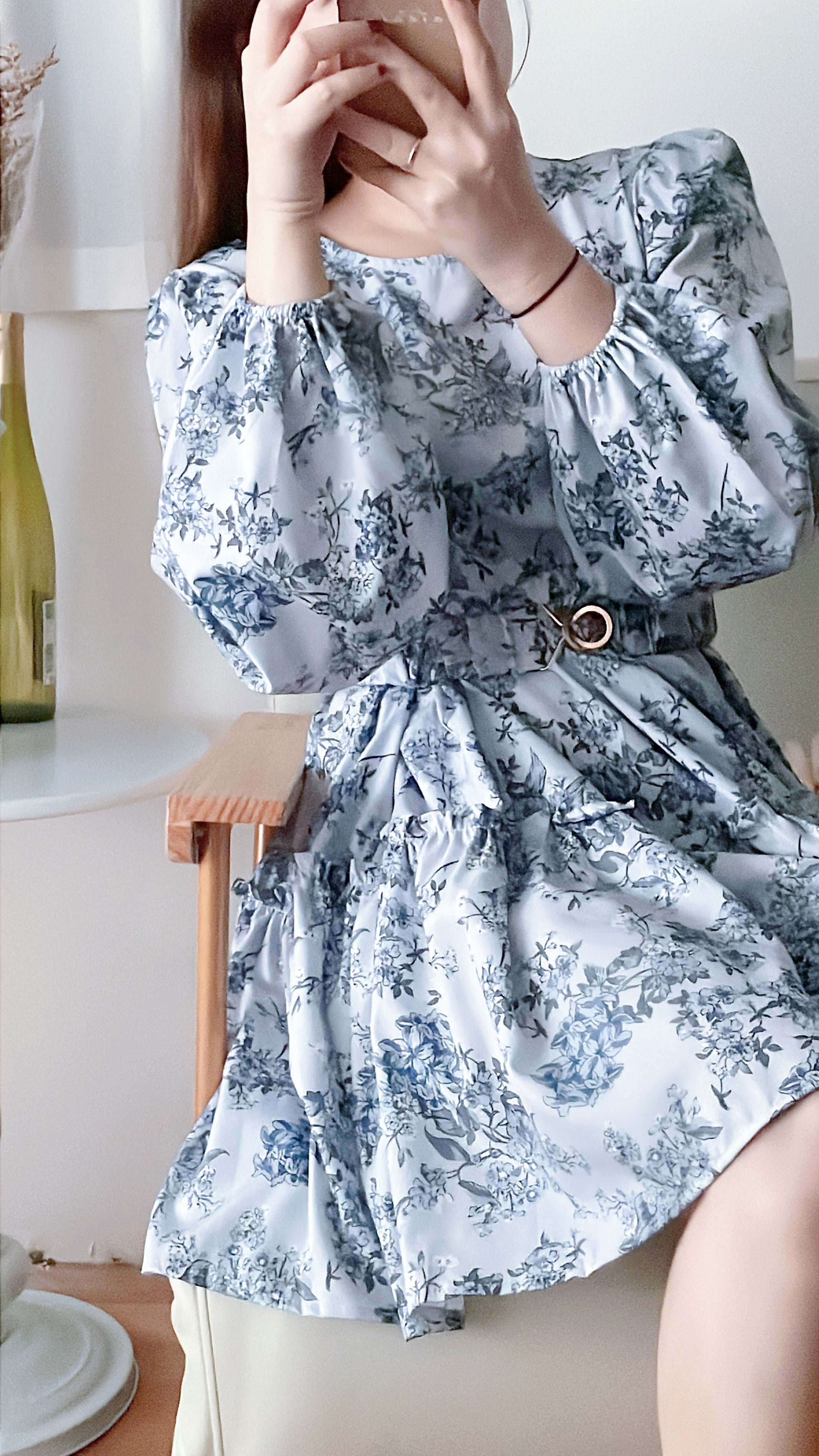 Porcelain 淺藍青瓷花彈性腰帶連身裙, Dress/ DS9352