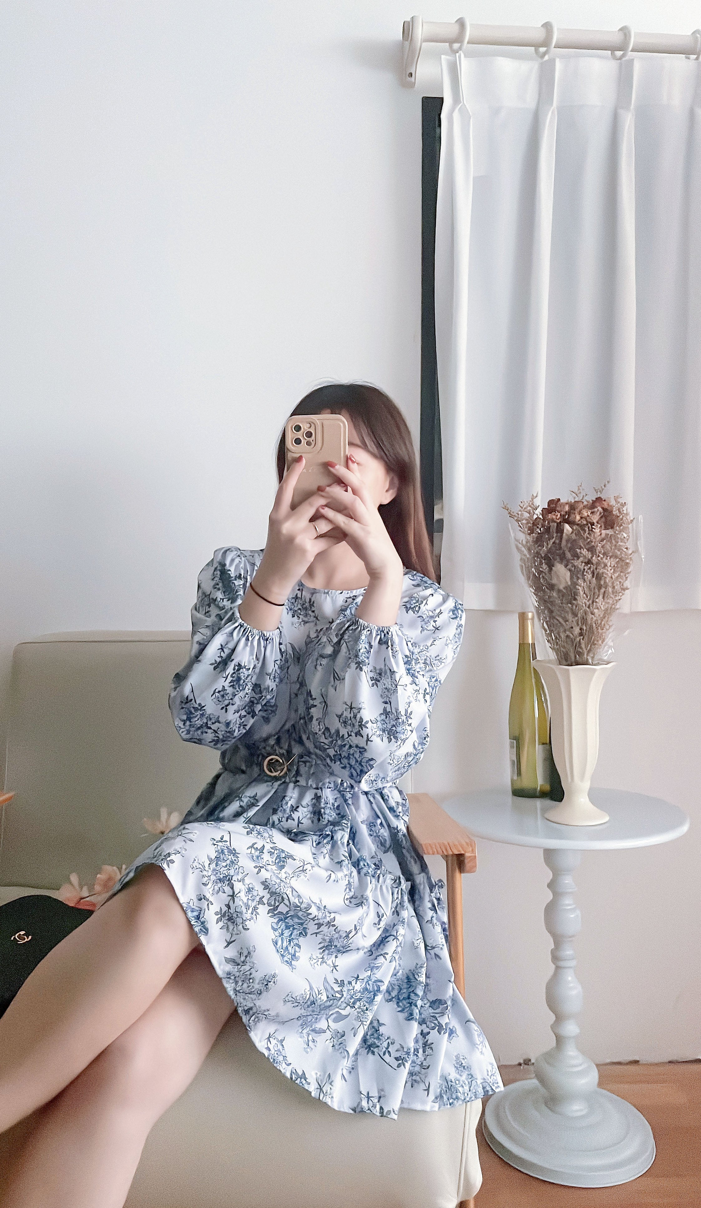 Porcelain 淺藍青瓷花彈性腰帶連身裙, Dress/ DS9352