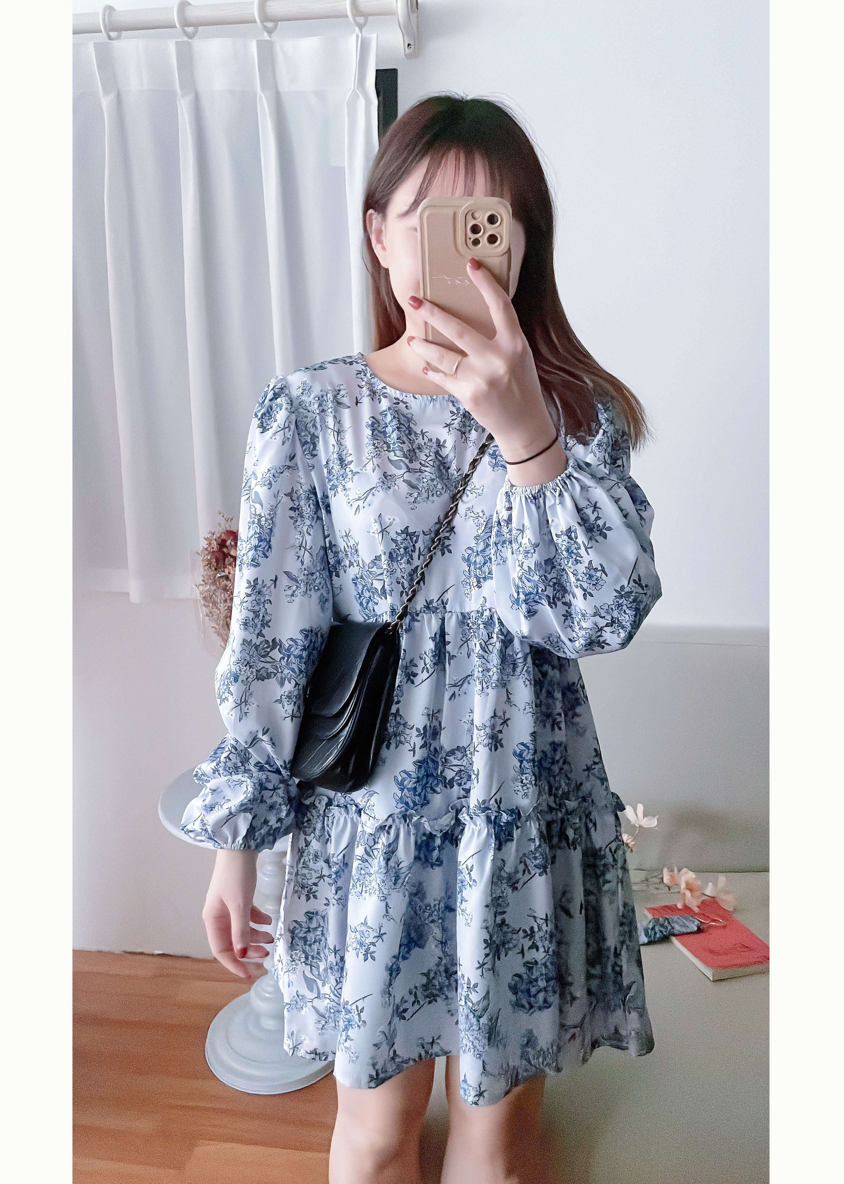 Porcelain 淺藍青瓷花彈性腰帶連身裙, Dress/ DS9352