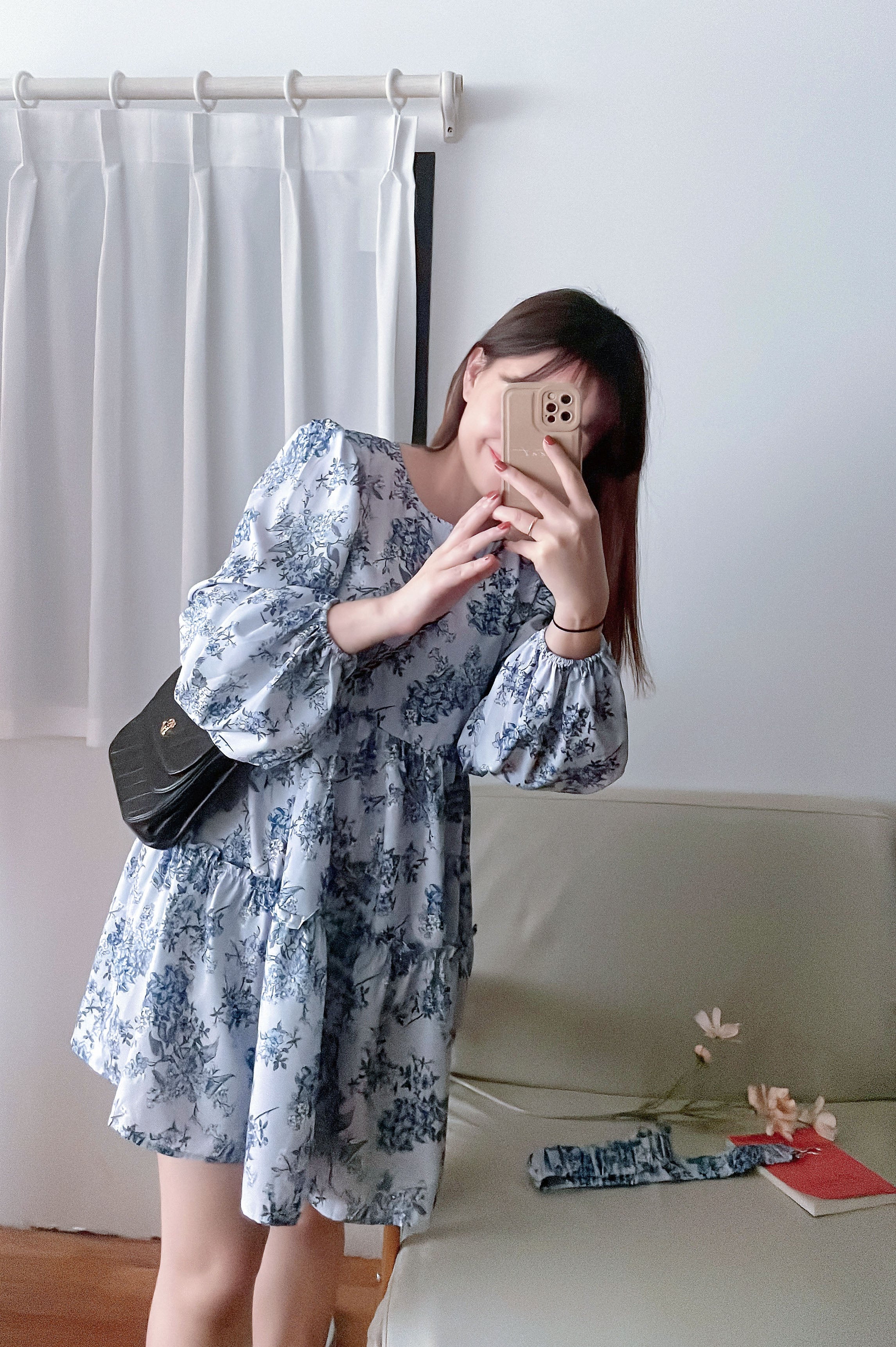 Porcelain 淺藍青瓷花彈性腰帶連身裙, Dress/ DS9352