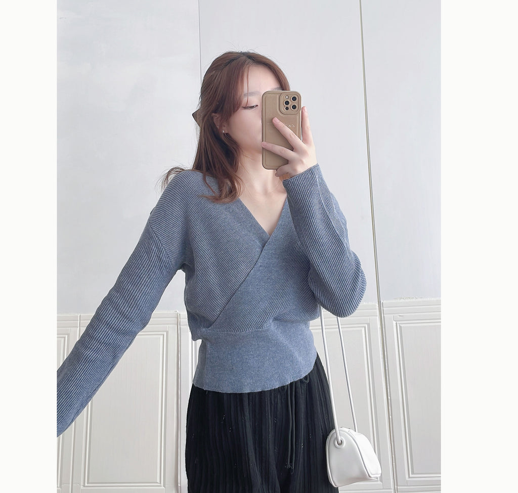 Knit Wrap 彈性疊領百搭舒適棉線上衣, Top/ TP8931