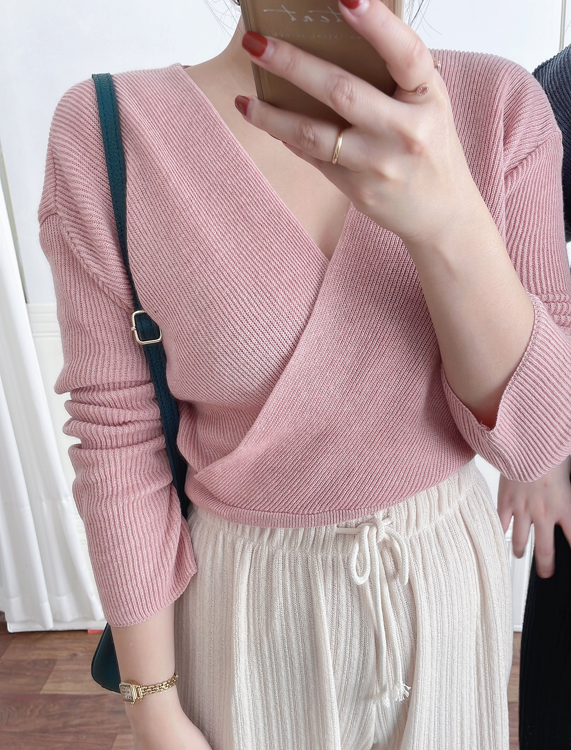 Knit Wrap 彈性疊領百搭舒適棉線上衣, Top/ TP8931
