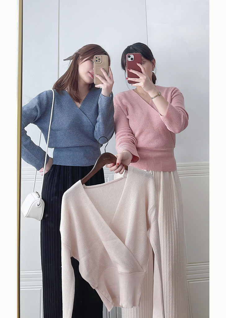 Knit Wrap 彈性疊領百搭舒適棉線上衣, Top/ TP8931