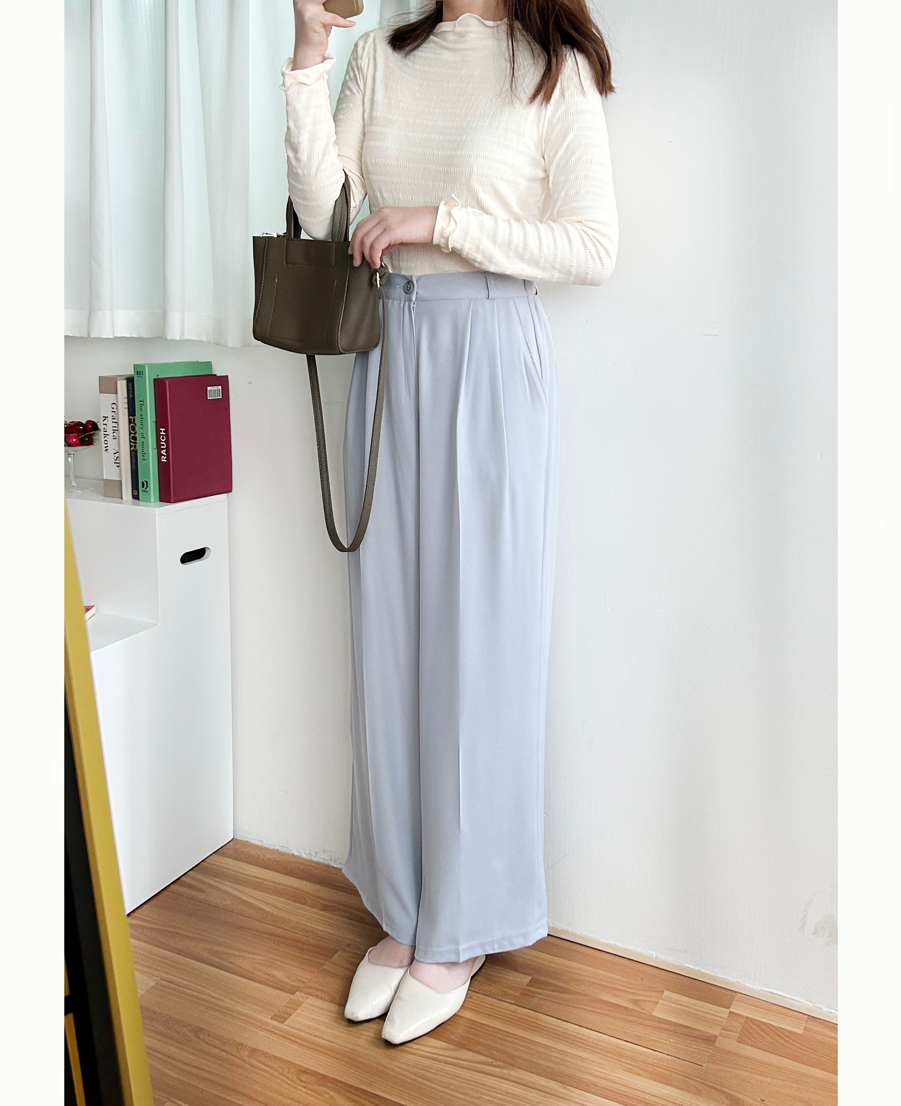 Jersey 修飾腿形100%防皺高質垂感雲石鈕闊腳褲, Pants/ PT8398 (百搭炭黑 Charcoal sold out)