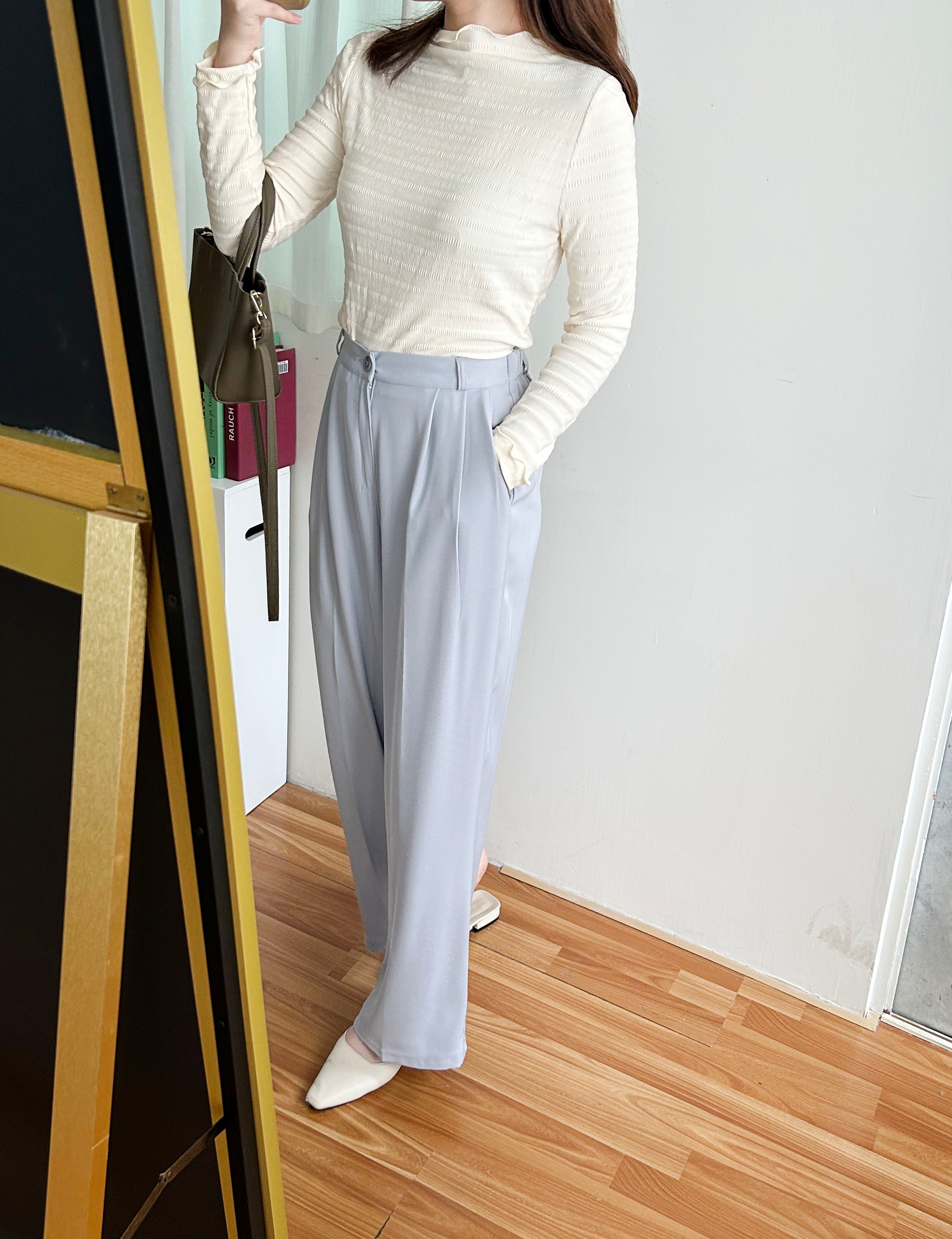 Jersey 修飾腿形100%防皺高質垂感雲石鈕闊腳褲, Pants/ PT8398 (百搭炭黑 Charcoal sold out)