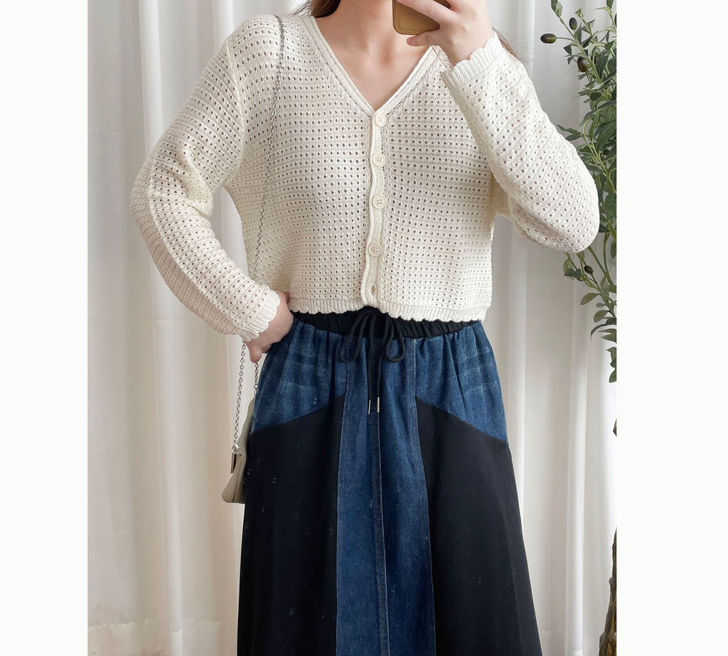 My Knit 白色V領花邊通花針織衫, Top or Outer/ CD8129