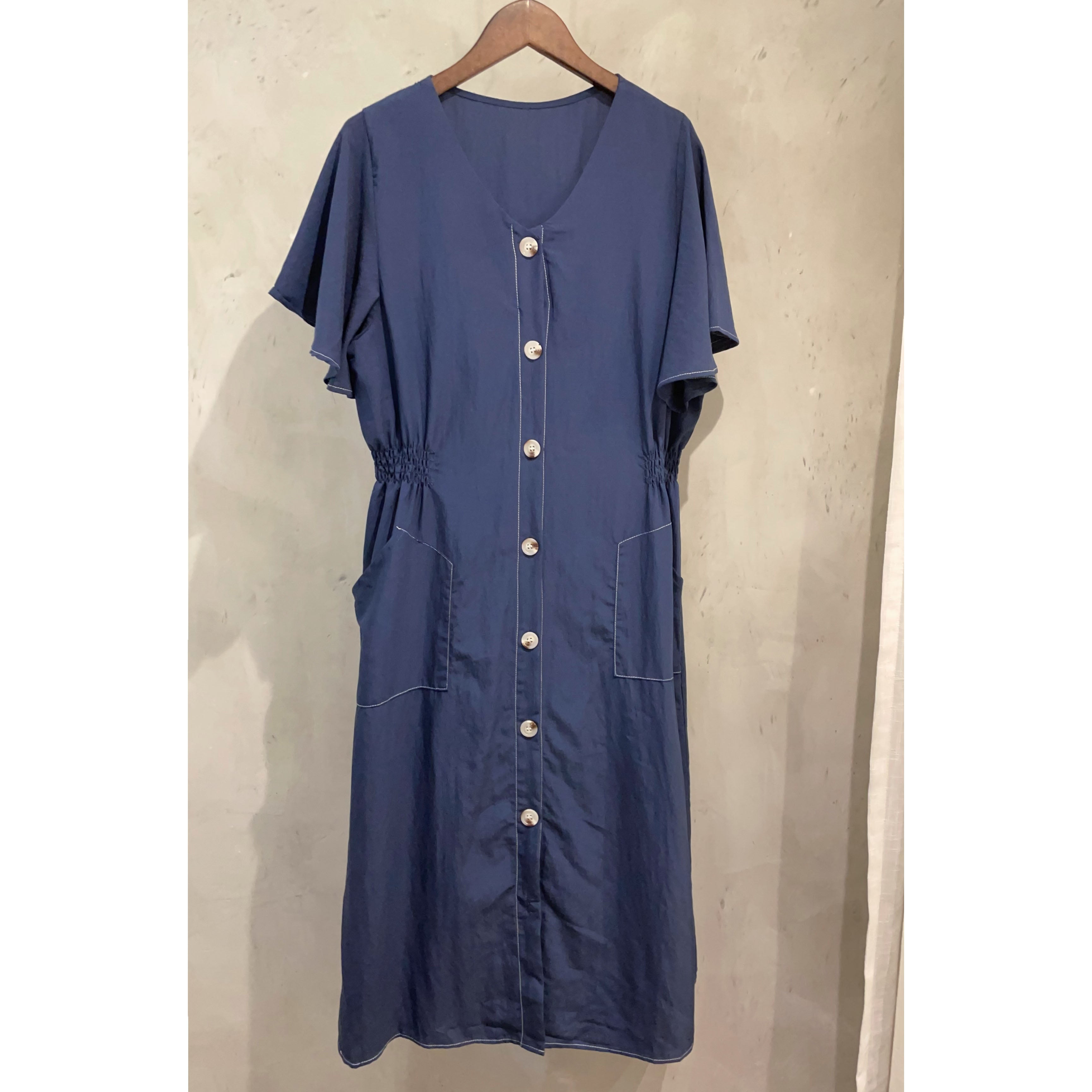 (日常隨性 簡潔側腰橡筋) Navy 深藍車邊線口袋傘裙連身裙, Dress/ DS9493