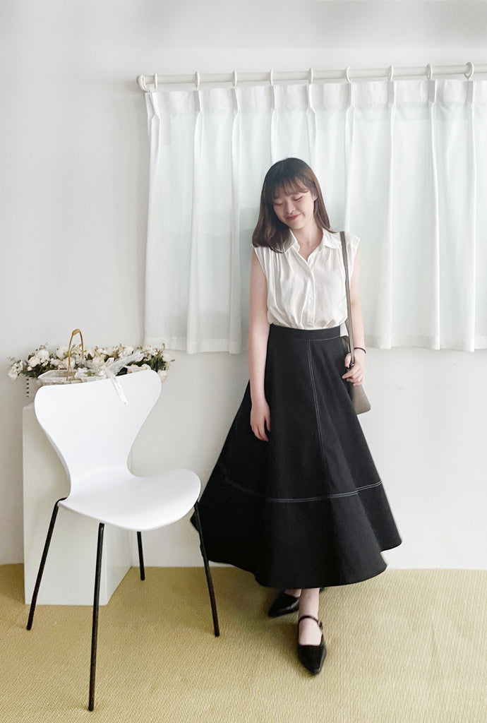 Flair Stitch 黑色白邊線裝飾修腰大傘裙, Skirt/ SK8712