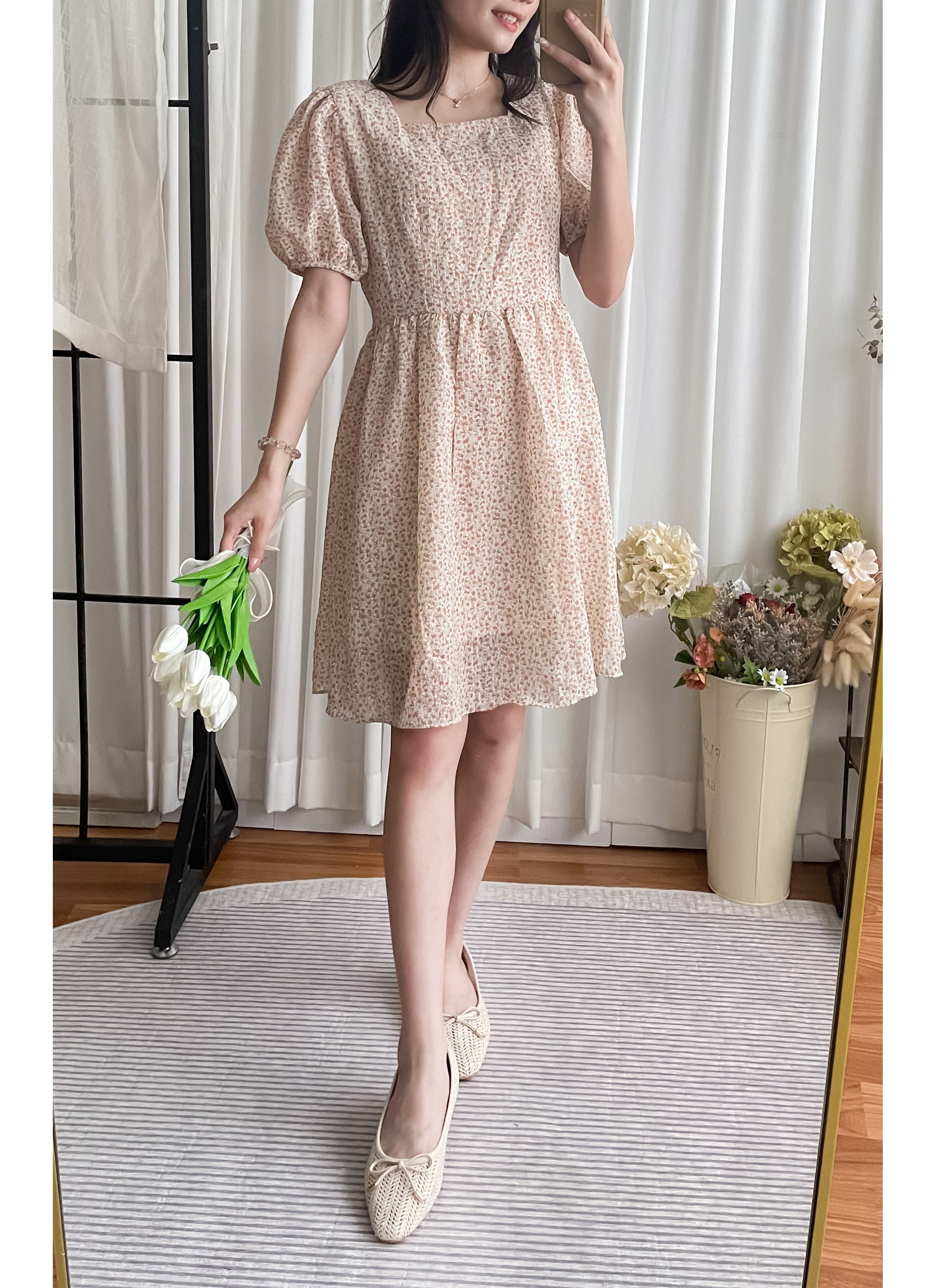 Bubble Floral 方領口泡泡䄂春日小花皺皺連身裙,Dress/ DS9264 (pink sold out)